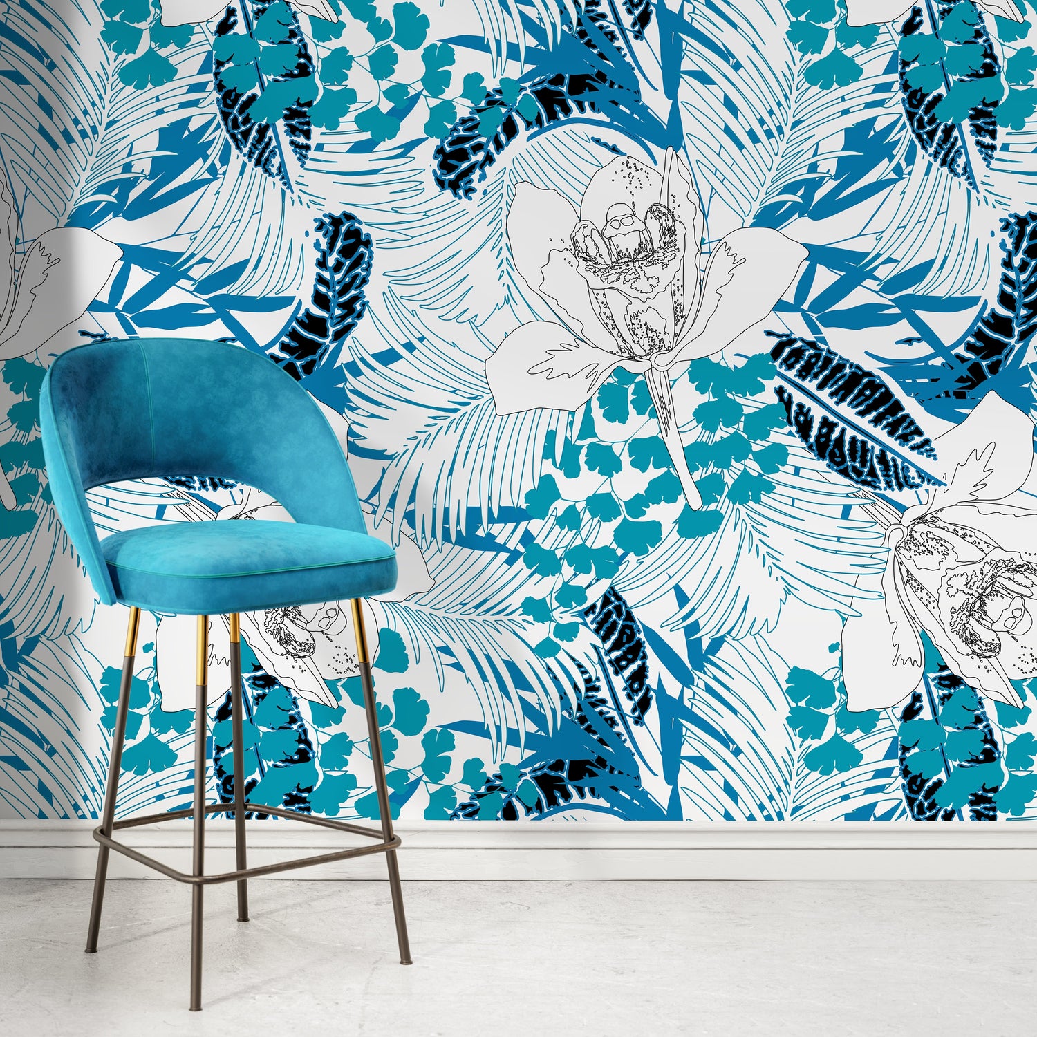 Wallpaper Peel and Stick Wallpaper Removable Wallpaper Home Decor Wall Art Wall Decor Room Decor / Blue Tropical and Floral Wallpaper - A937