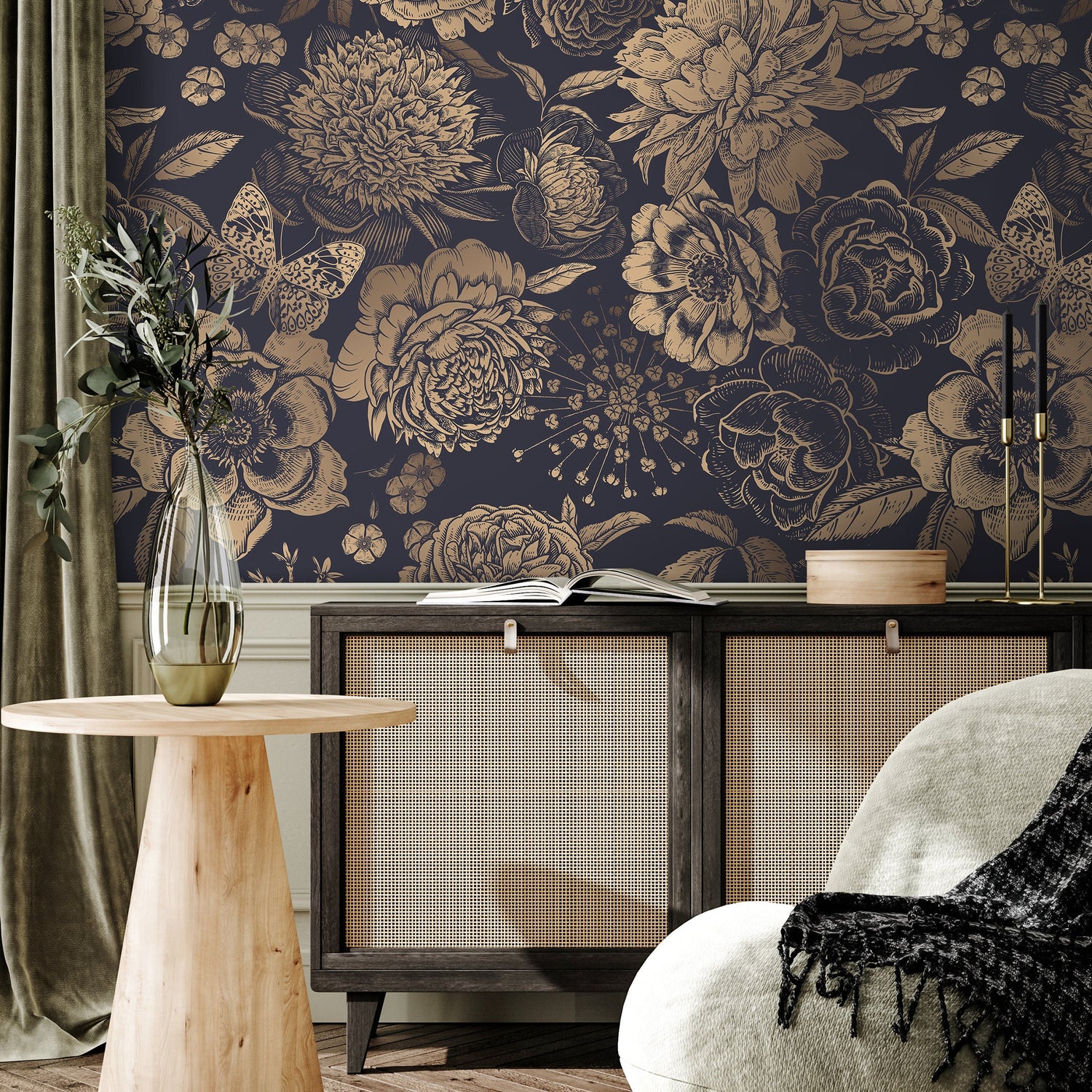 Removable Wallpaper Peel and Stick Wallpaper Wall Paper Wall Mural - Vintage Flower Non-Metalic Gold Color - A922