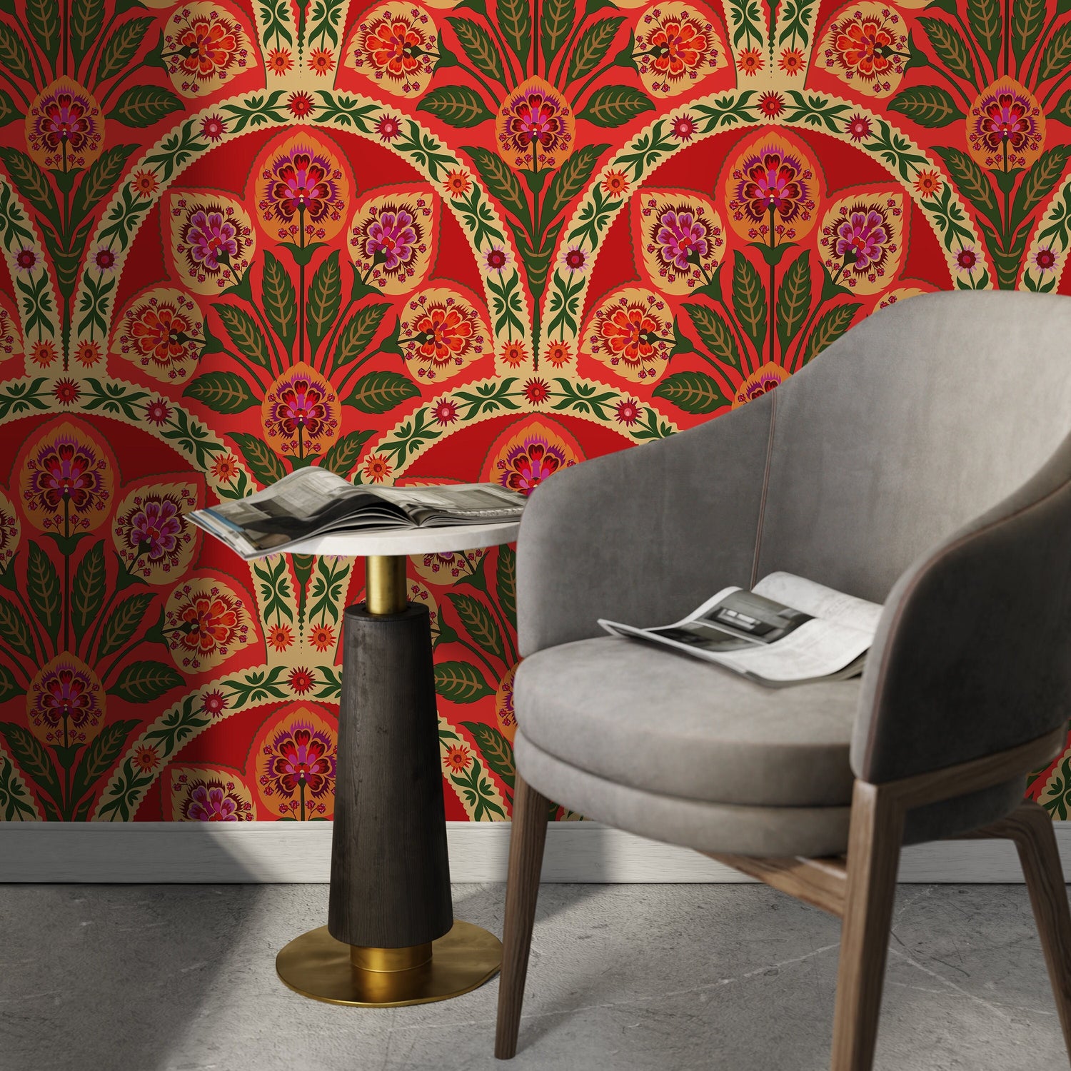 Red Boho Floral Wallpaper Peel and Stick and Traditional Wallpaper - C451