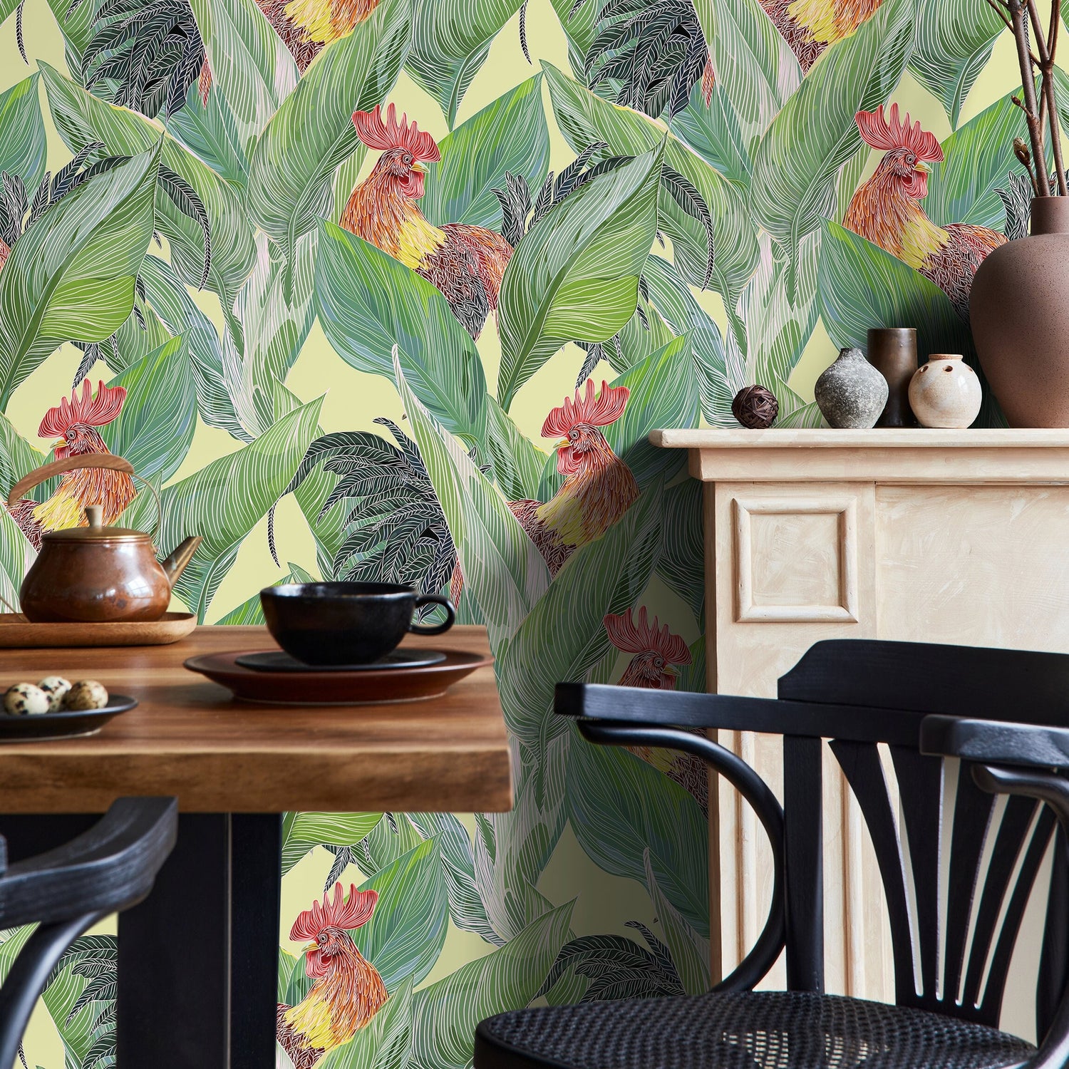 Tropical Leaf and Rooster Wallpaper Peel and Stick and Traditional Wallpaper - B128