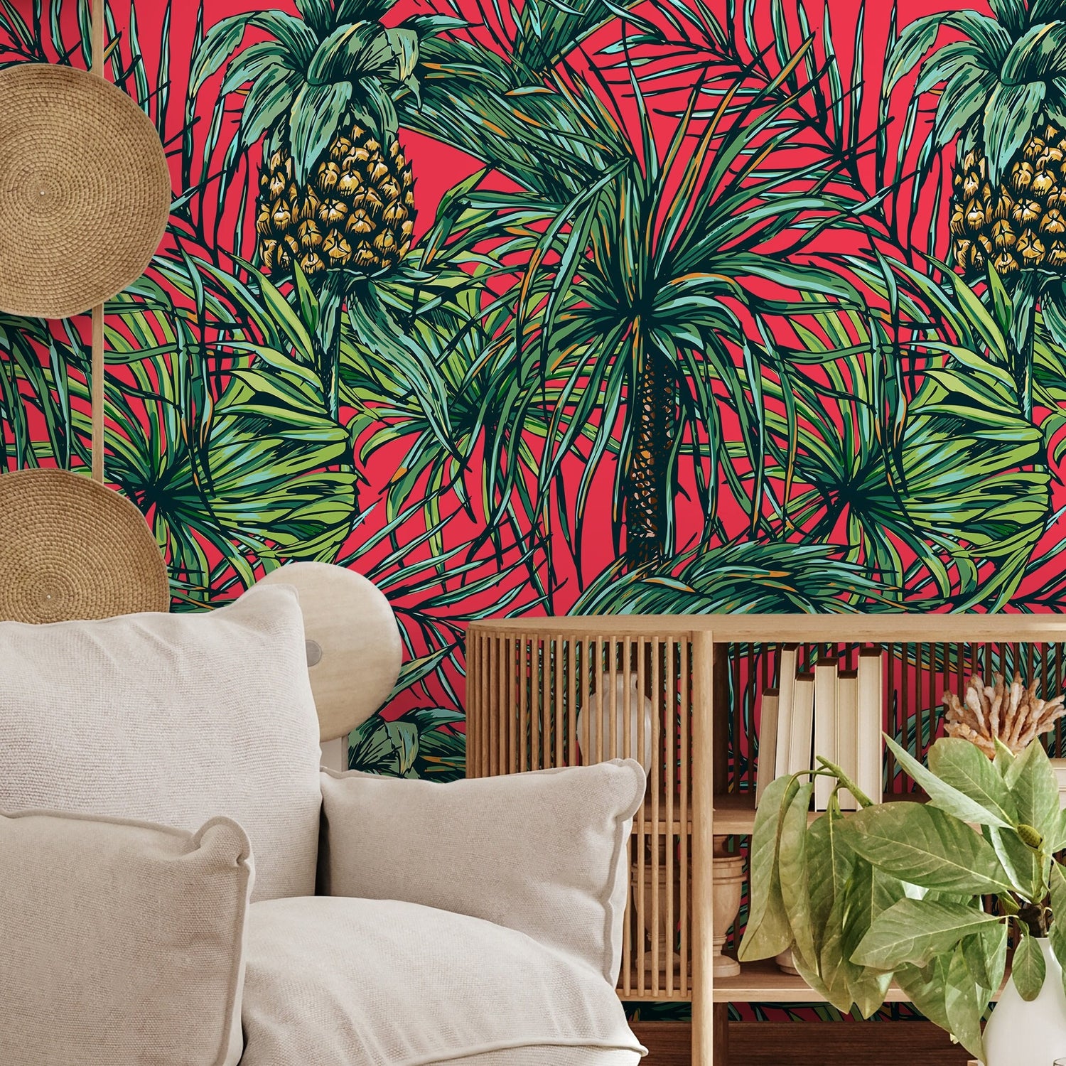 Wallpaper Peel and Stick Wallpaper Removable Wallpaper Home Decor Wall Art Wall Decor Room Decor / Tropical Palm Pineapple Wallpaper - A973