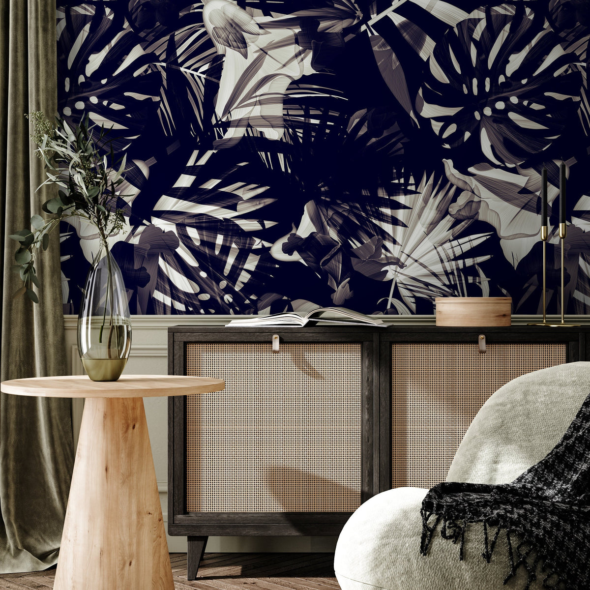 Wallpaper Peel and Stick Wallpaper Removable Wallpaper Home Decor Wall Decor Room Decor / Black and White Jungle Palm Wallpaper - A975