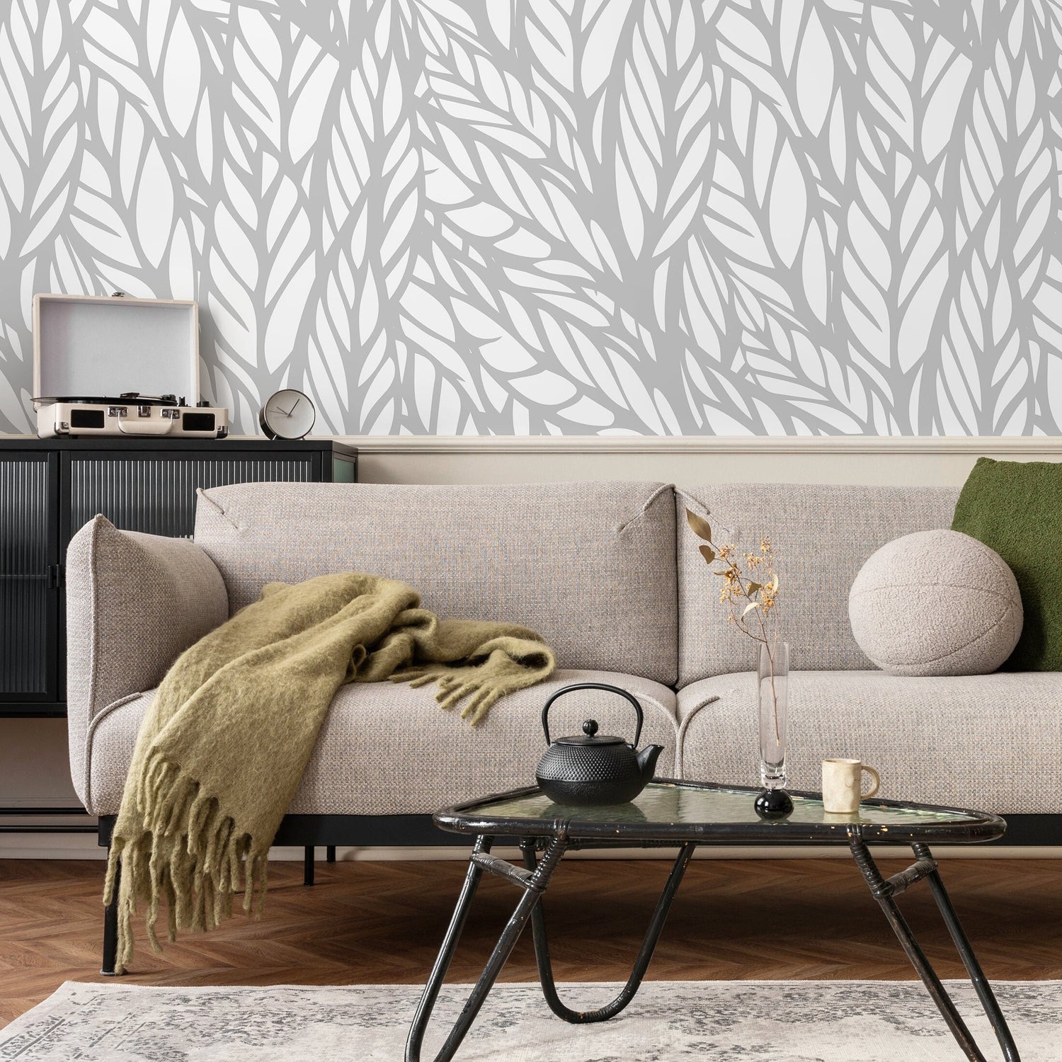 Wallpaper Peel and Stick Wallpaper Removable Wallpaper Home Decor Wall Art Wall Decor Room Decor / Gray Modern Leaves Wallpaper - A097