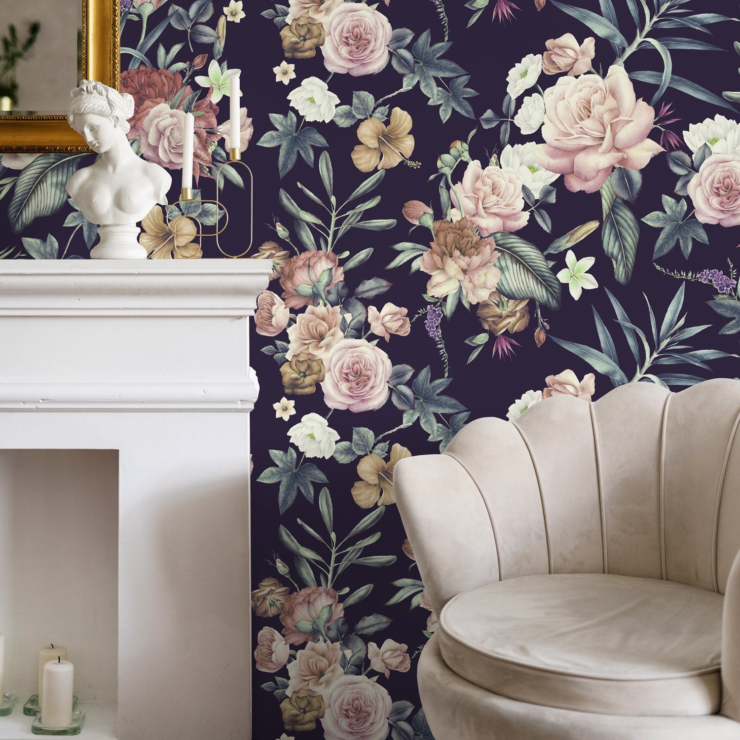 Wallpaper Peel and Stick Wallpaper Removable Wallpaper Temporary Wallpaper Home Decor Room Decor / Dark Floral Roses Wallpaper - A237