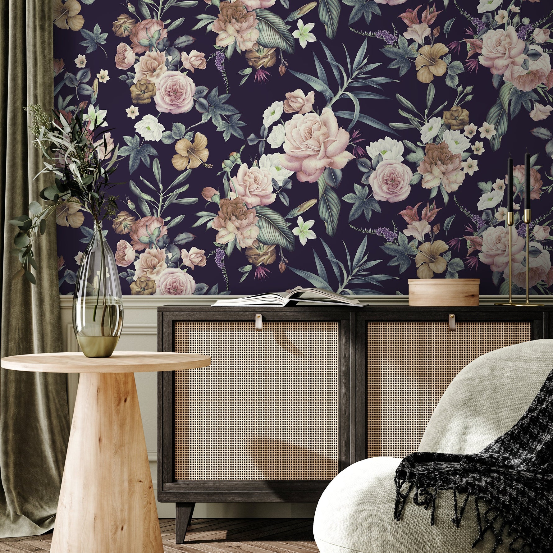 Wallpaper Peel and Stick Wallpaper Removable Wallpaper Temporary Wallpaper Home Decor Room Decor / Dark Floral Roses Wallpaper - A237