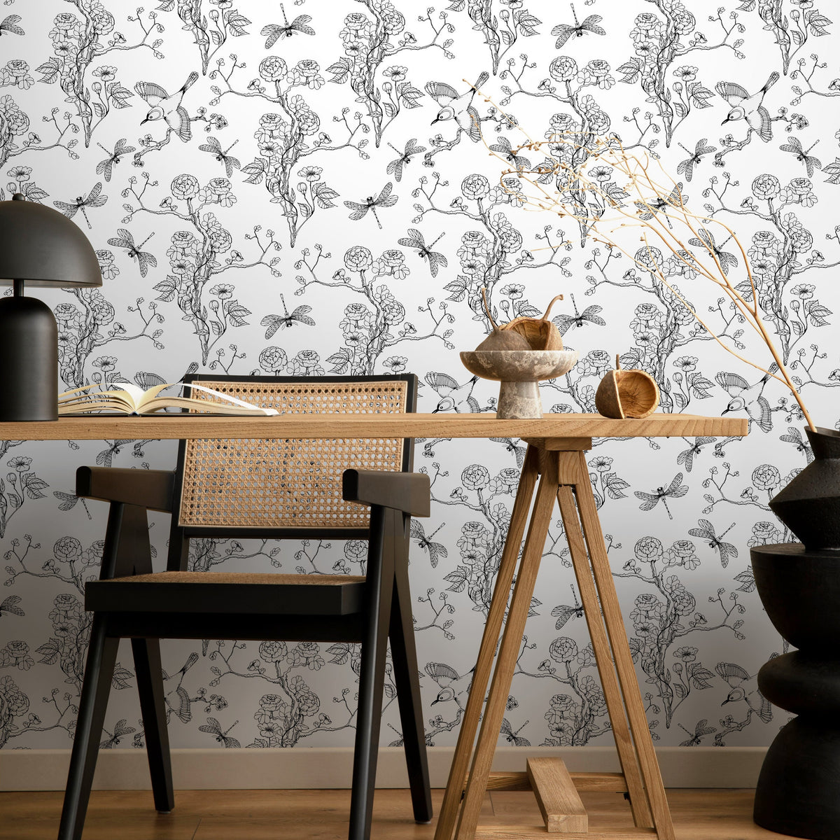 Wallpaper Peel and Stick Wallpaper Removable Wallpaper Home Decor Wall Decor Room Decor / Black and White Chinoiserie Wallpaper - A252