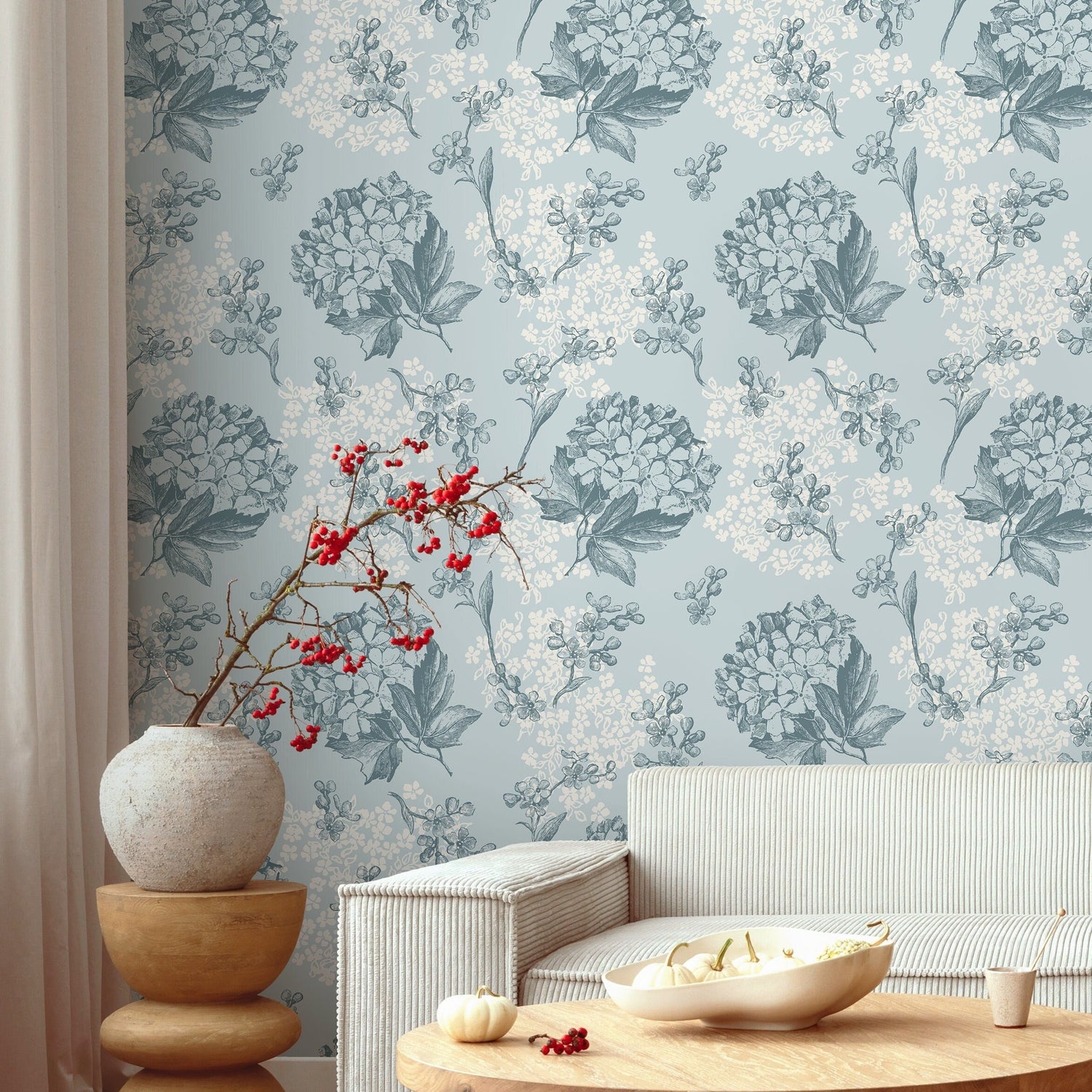 Wallpaper Peel and Stick Wallpaper Removable Wallpaper Home Decor Wall Art Wall Decor Room Decor / Blue Vintage Floral Wallpaper - A631