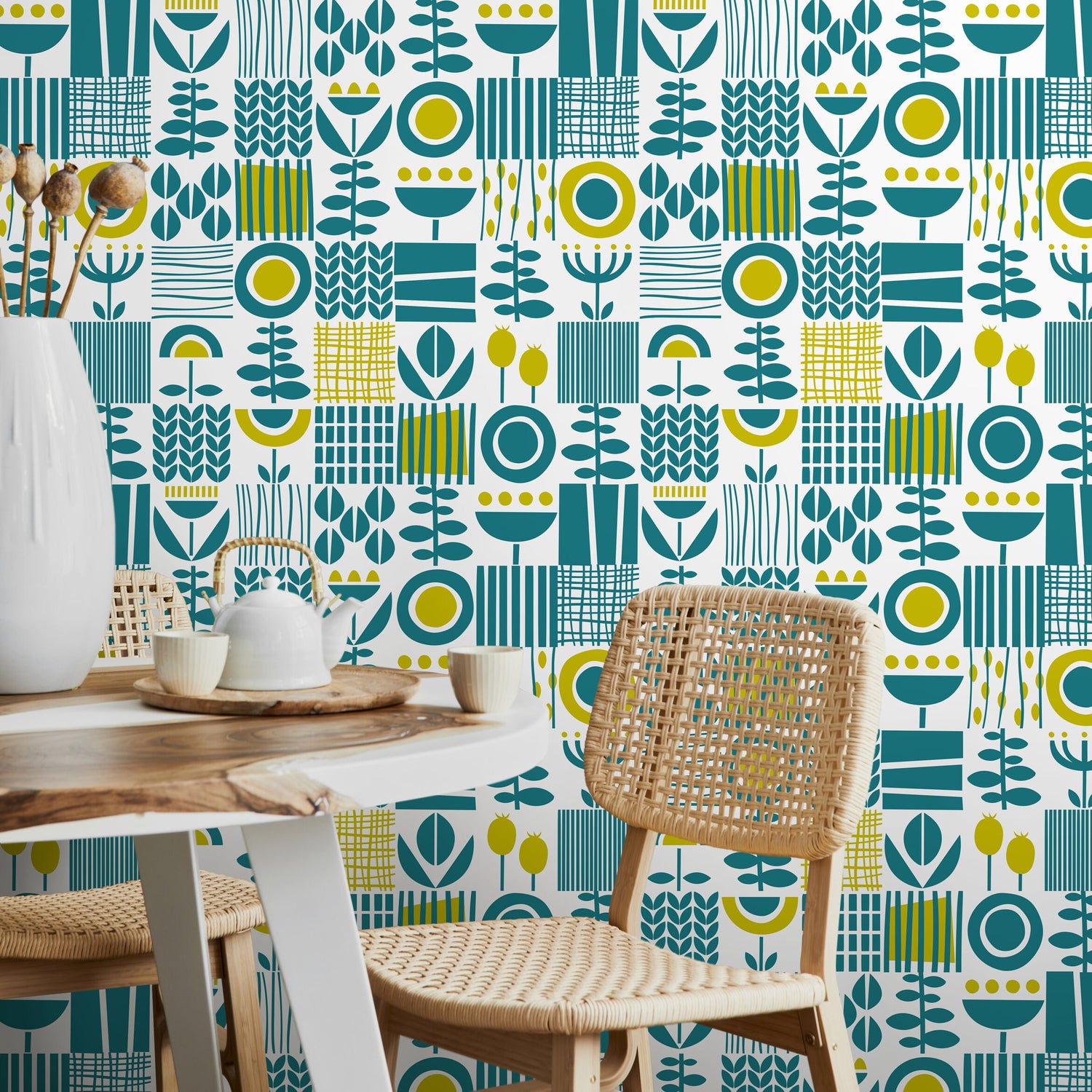 Wallpaper Peel and Stick Wallpaper Removable Wallpaper Home Decor Wall Decor Room Decor / Green and Yellow Scandinavian Wallpaper - A707