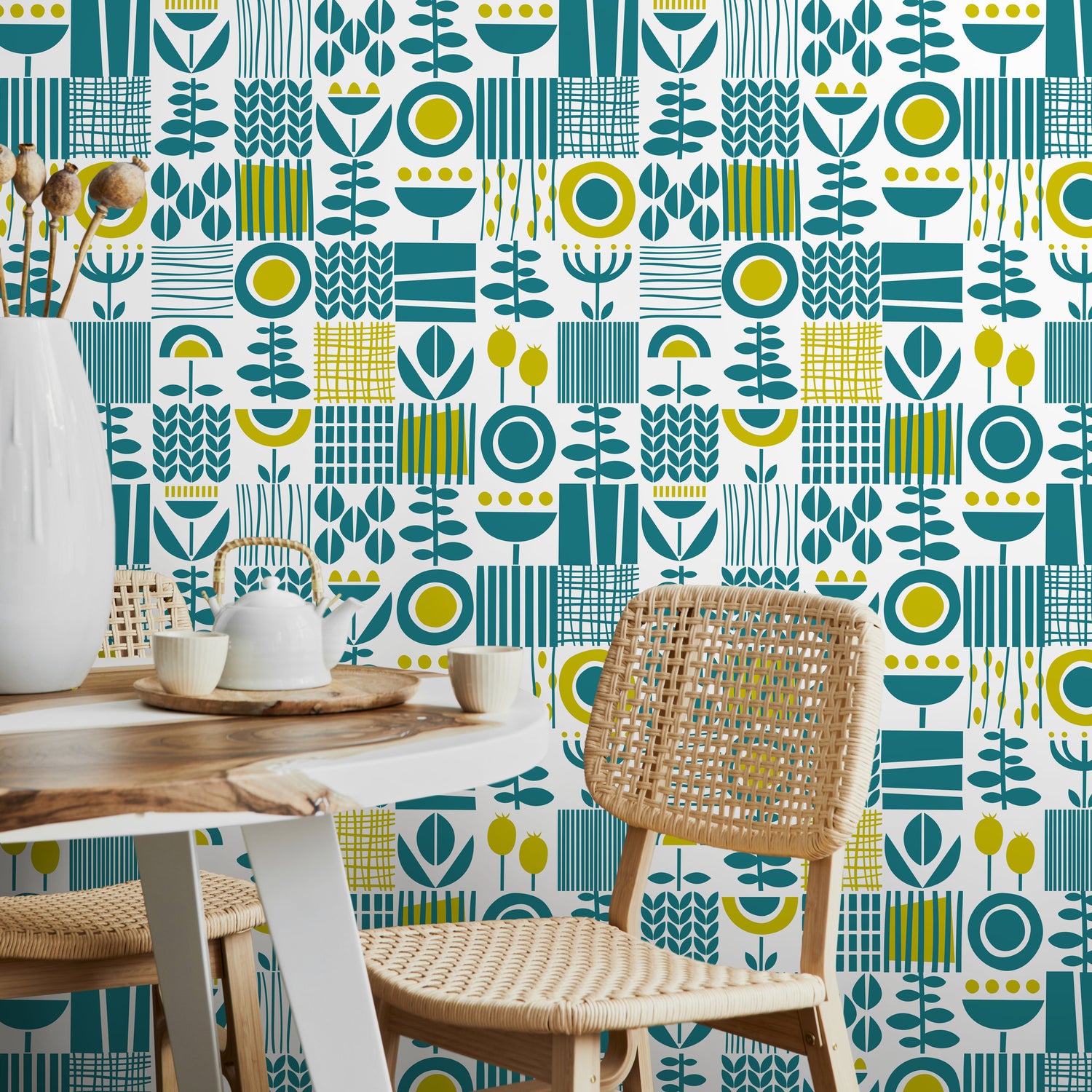 Wallpaper Peel and Stick Wallpaper Removable Wallpaper Home Decor Wall Decor Room Decor / Green and Yellow Cute Scandinavian Wallpaper -A707