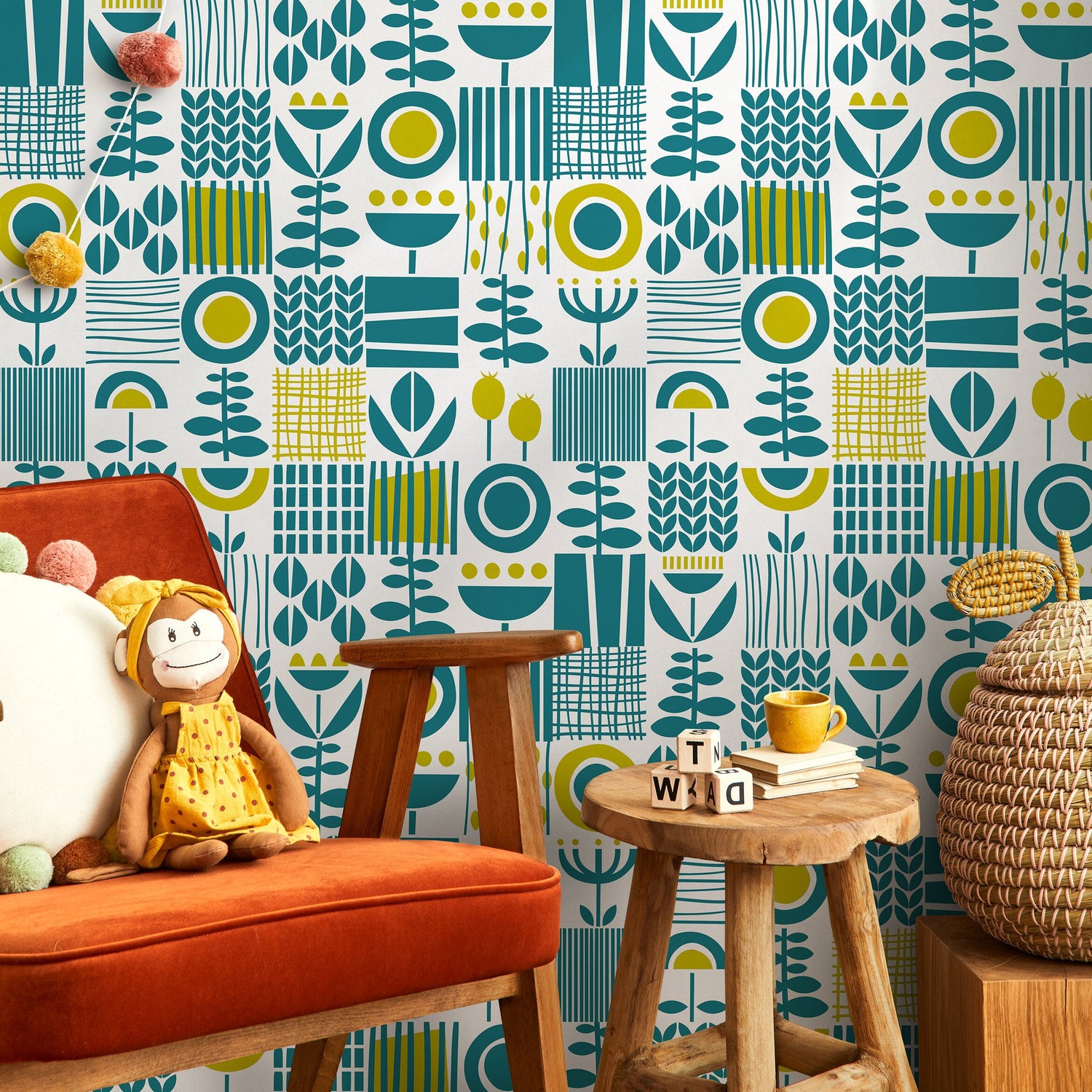 Wallpaper Peel and Stick Wallpaper Removable Wallpaper Home Decor Wall Decor Room Decor / Green and Yellow Cute Scandinavian Wallpaper -A707