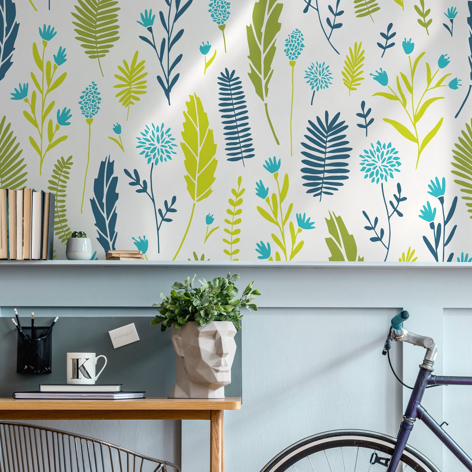 Wallpaper Removable Wallpaper Peel and Stick Wallpaper Wall Decor Home Decor Wall Art Room Decor / Green and Blue Leaf Wallpaper - A879