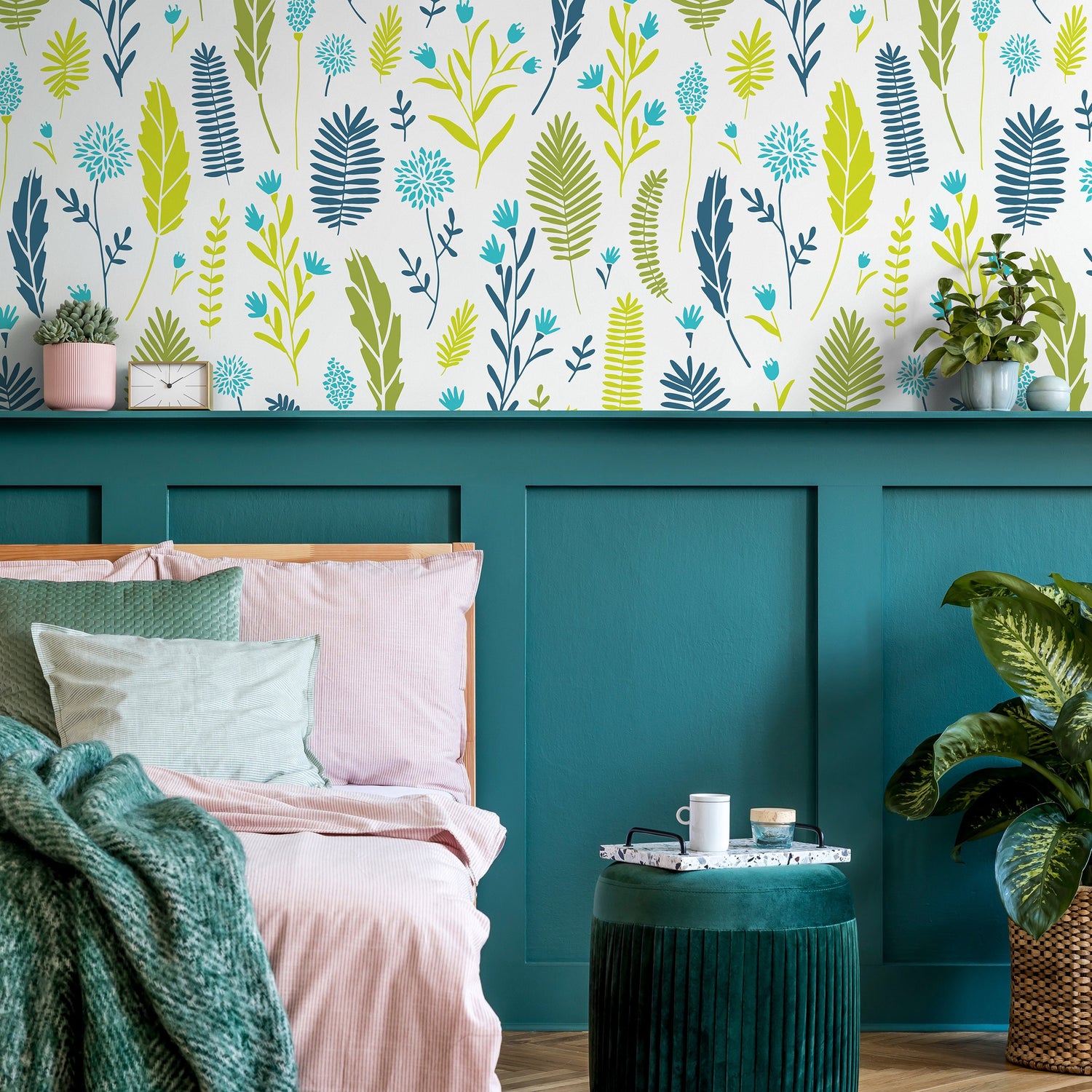 Wallpaper Removable Wallpaper Peel and Stick Wallpaper Wall Decor Home Decor Wall Art Room Decor / Green and Blue Leaf Wallpaper - A879