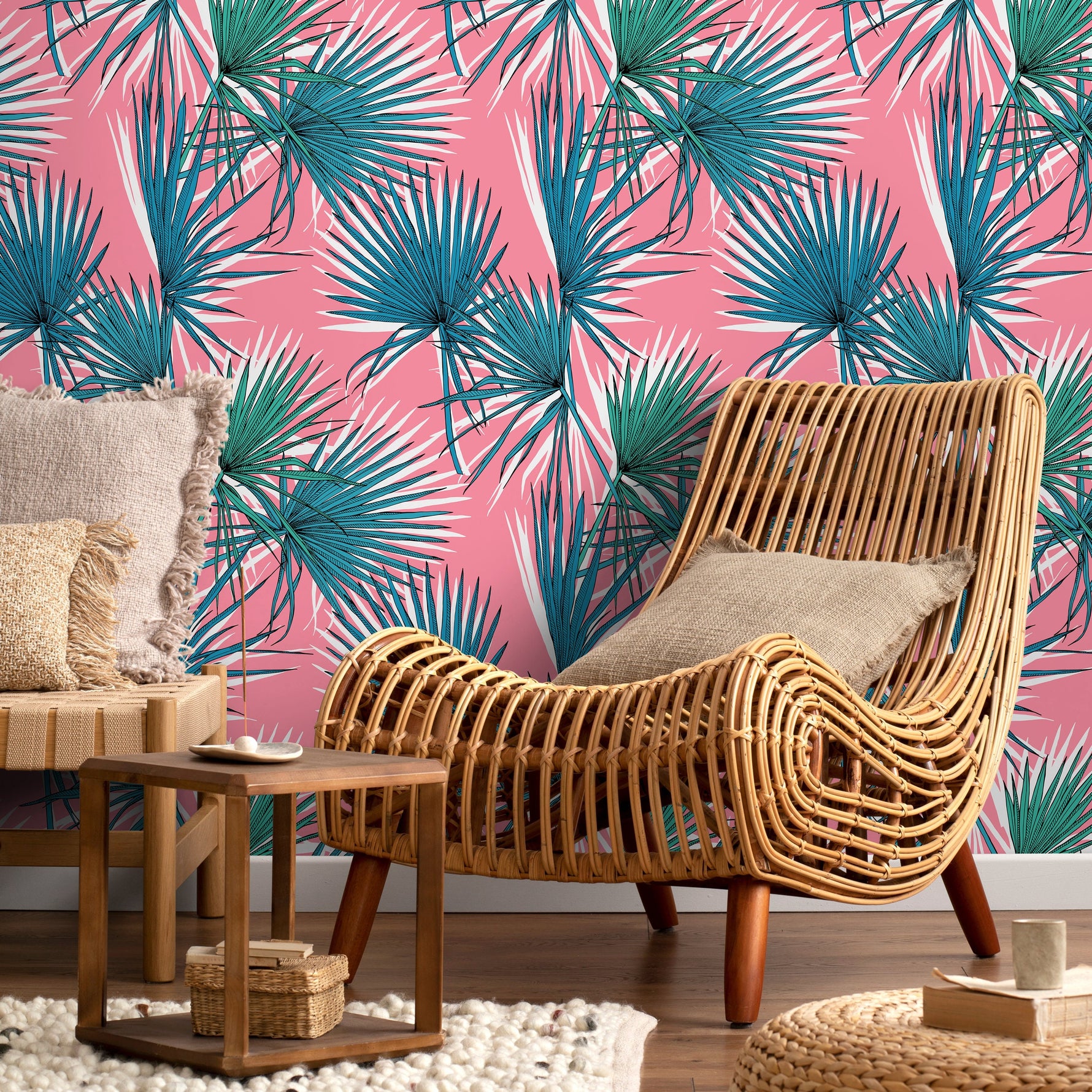 Wallpaper Peel and Stick Wallpaper Removable Wallpaper Home Decor Wall Art Wall Decor Room Decor / Pink Tropical Leaves Wallpaper - B251