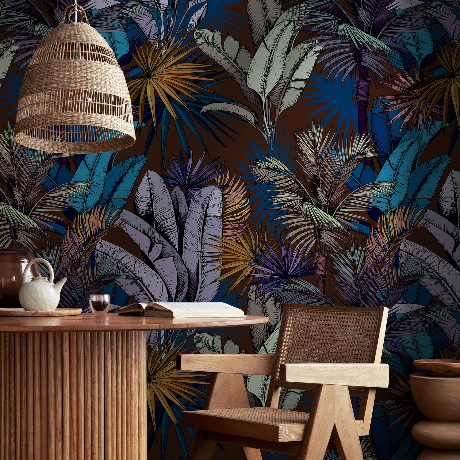 Wallpaper Peel and Stick Wallpaper Removable Wallpaper Home Decor Wall Art Wall Decor Room Decor / Dark Tropical Leaves Wallpaper - A763