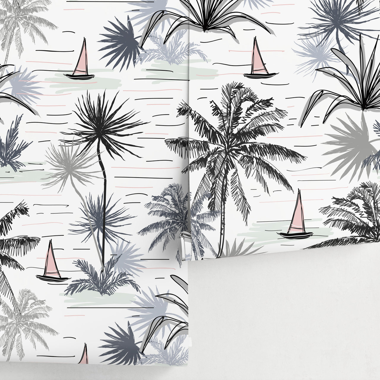 Wallpaper Peel and Stick Wallpaper Removable Wallpaper Home Decor Wall Art Wall Decor Room Decor / Boho Palms and Boat Wallpaper - A792