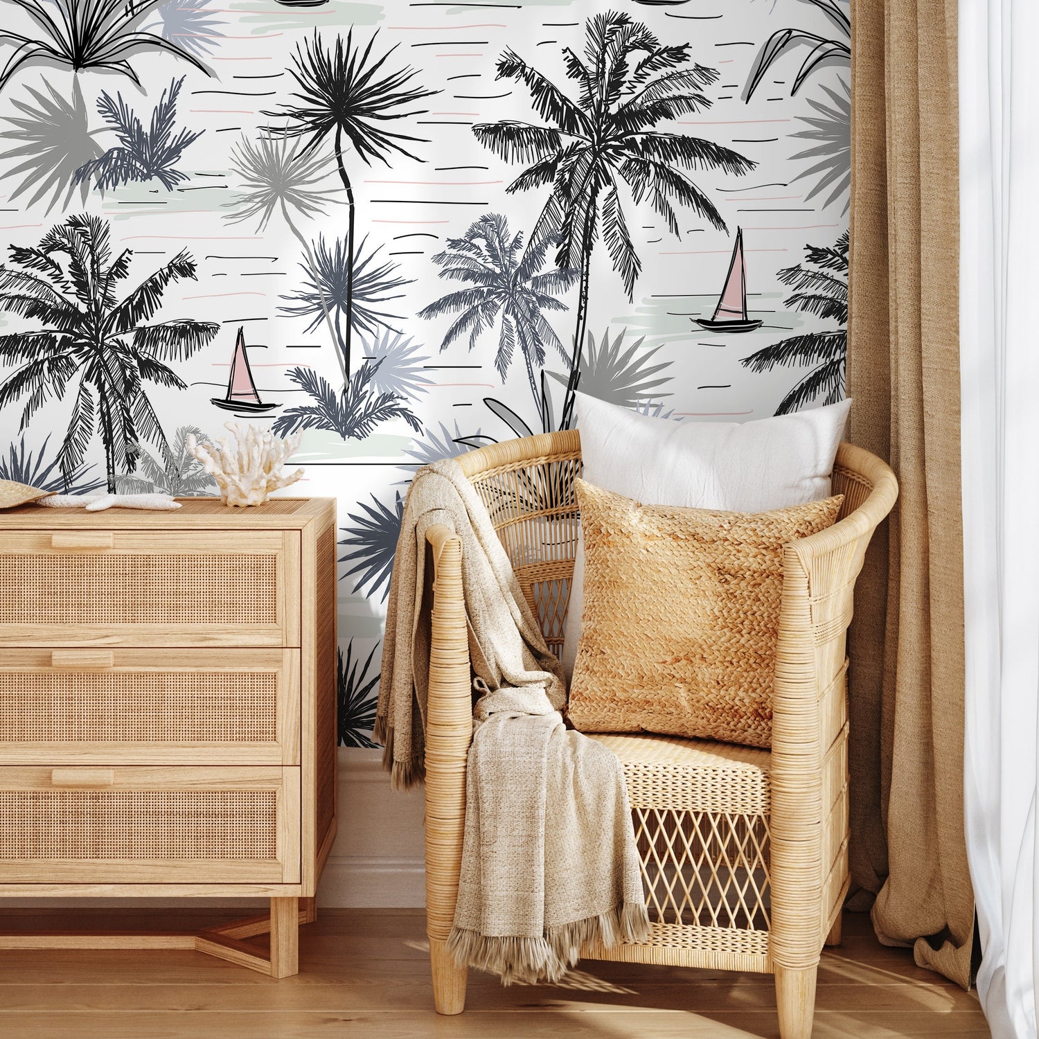 Wallpaper Peel and Stick Wallpaper Removable Wallpaper Home Decor Wall Art Wall Decor Room Decor / Boho Palms and Boat Wallpaper - A792