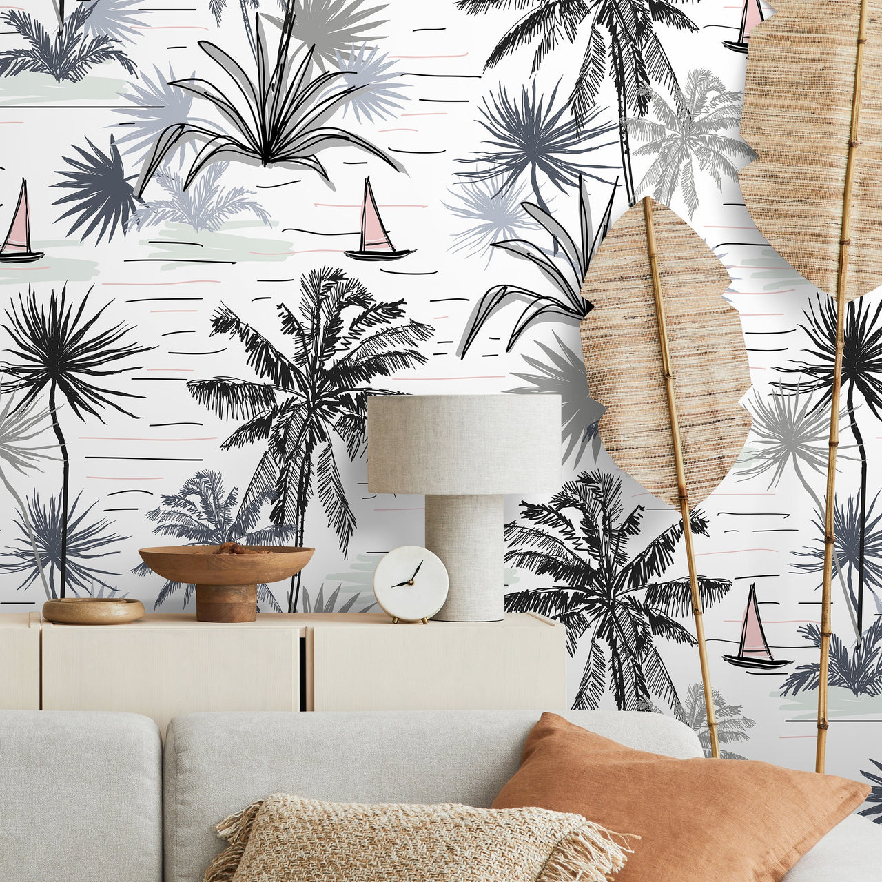 Wallpaper Peel and Stick Wallpaper Removable Wallpaper Home Decor Wall Art Wall Decor Room Decor / Boho Palms and Boat Wallpaper - A792