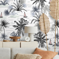 Thumbnail for Wallpaper Peel and Stick Wallpaper Removable Wallpaper Home Decor Wall Art Wall Decor Room Decor / Boho Palms and Boat Wallpaper - A792