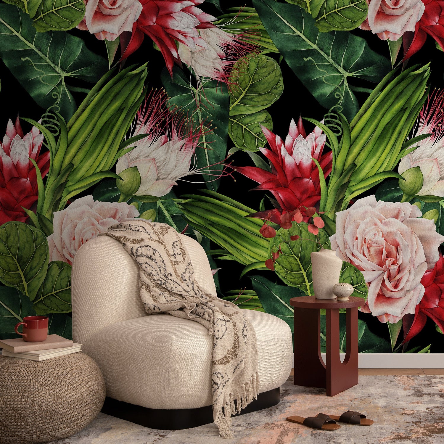 Wallpaper Peel and Stick Wallpaper Removable Wallpaper Home Decor Wall Art Wall Decor Room Decor / Roses and Leaves Wallpaper - A847