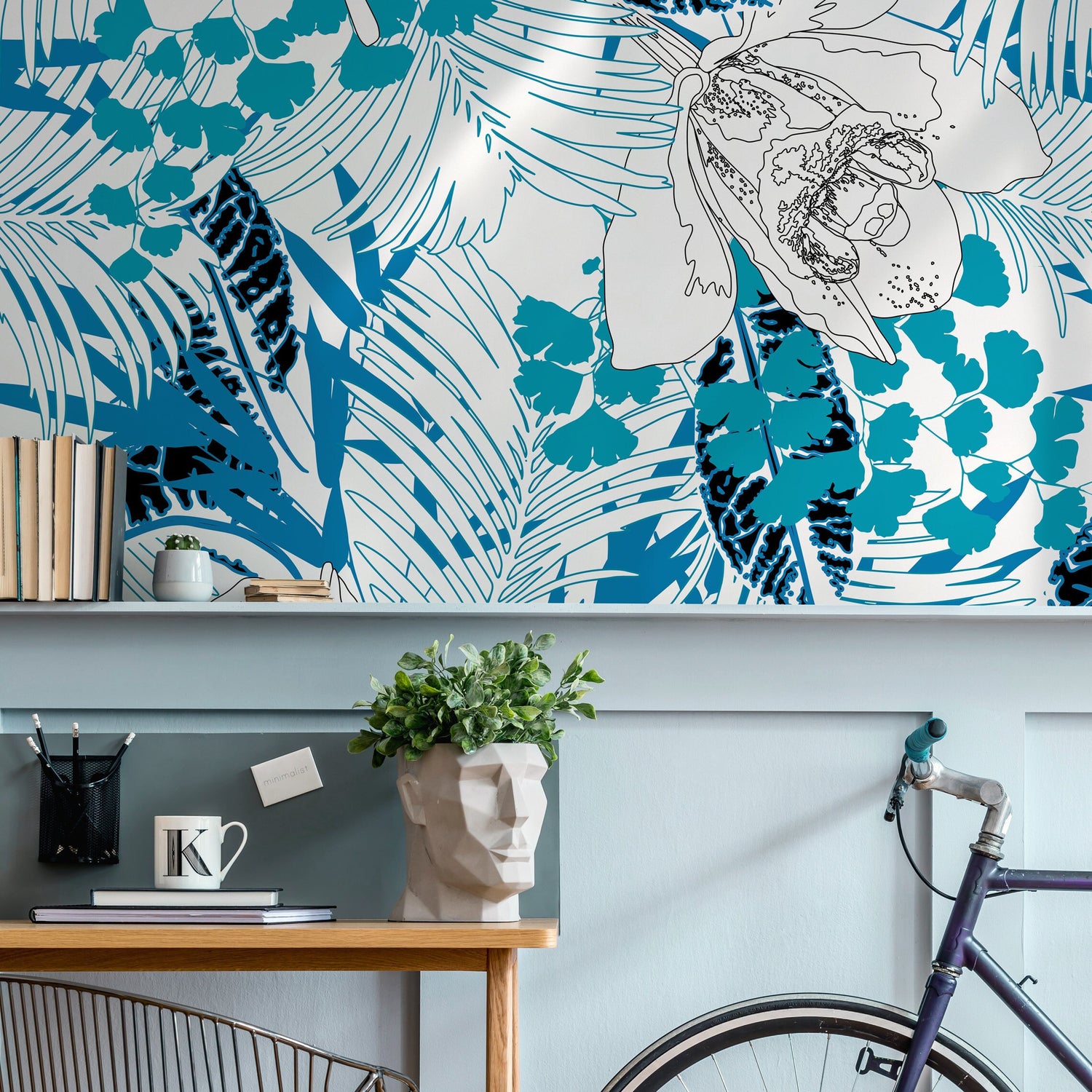 Wallpaper Peel and Stick Wallpaper Removable Wallpaper Home Decor Wall Art Wall Decor Room Decor / Blue Tropical and Floral Wallpaper - A937