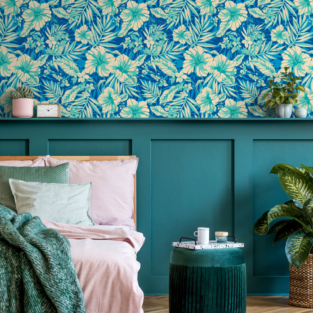 Wallpaper Peel and Stick Wallpaper Removable Wallpaper Home Decor Room Decor / Tropical Wallpaper, Blue Leaves Wallpaper - A971