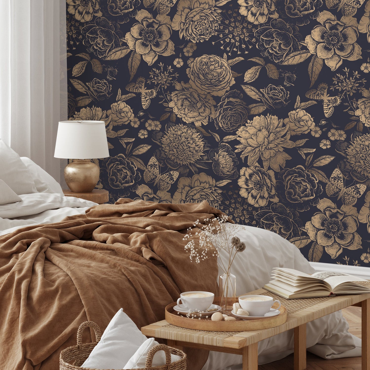 Removable Wallpaper Peel and Stick Wallpaper Wall Paper Wall Mural - Vintage Flower Non-Metalic Gold Color - A922