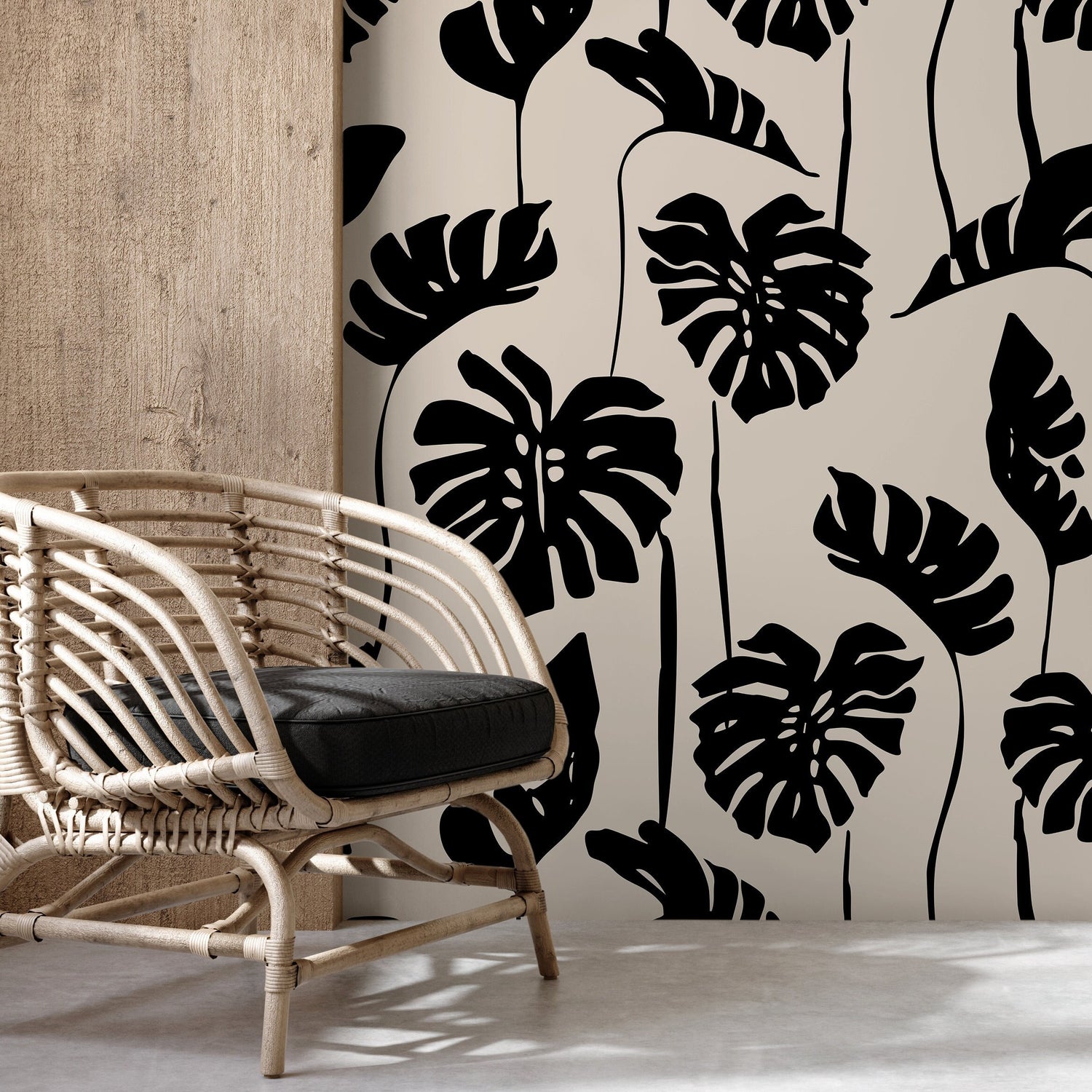 Black and Beige Monstera Wallpaper Peel and Stick and Traditional Wallpaper - C270