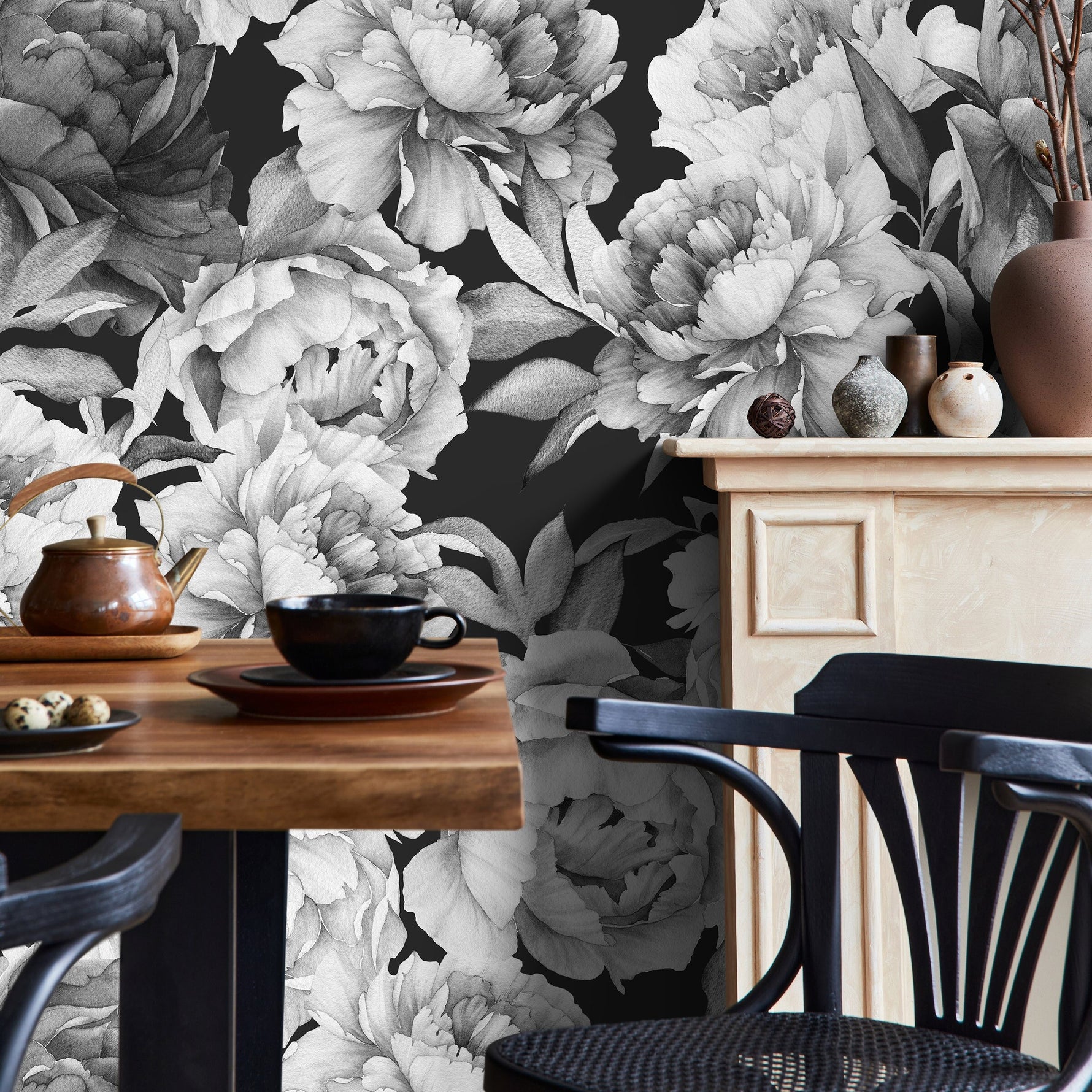 Black and White Vintage Peony Wallpaper Peel and Stick and Traditional Wallpaper - A171