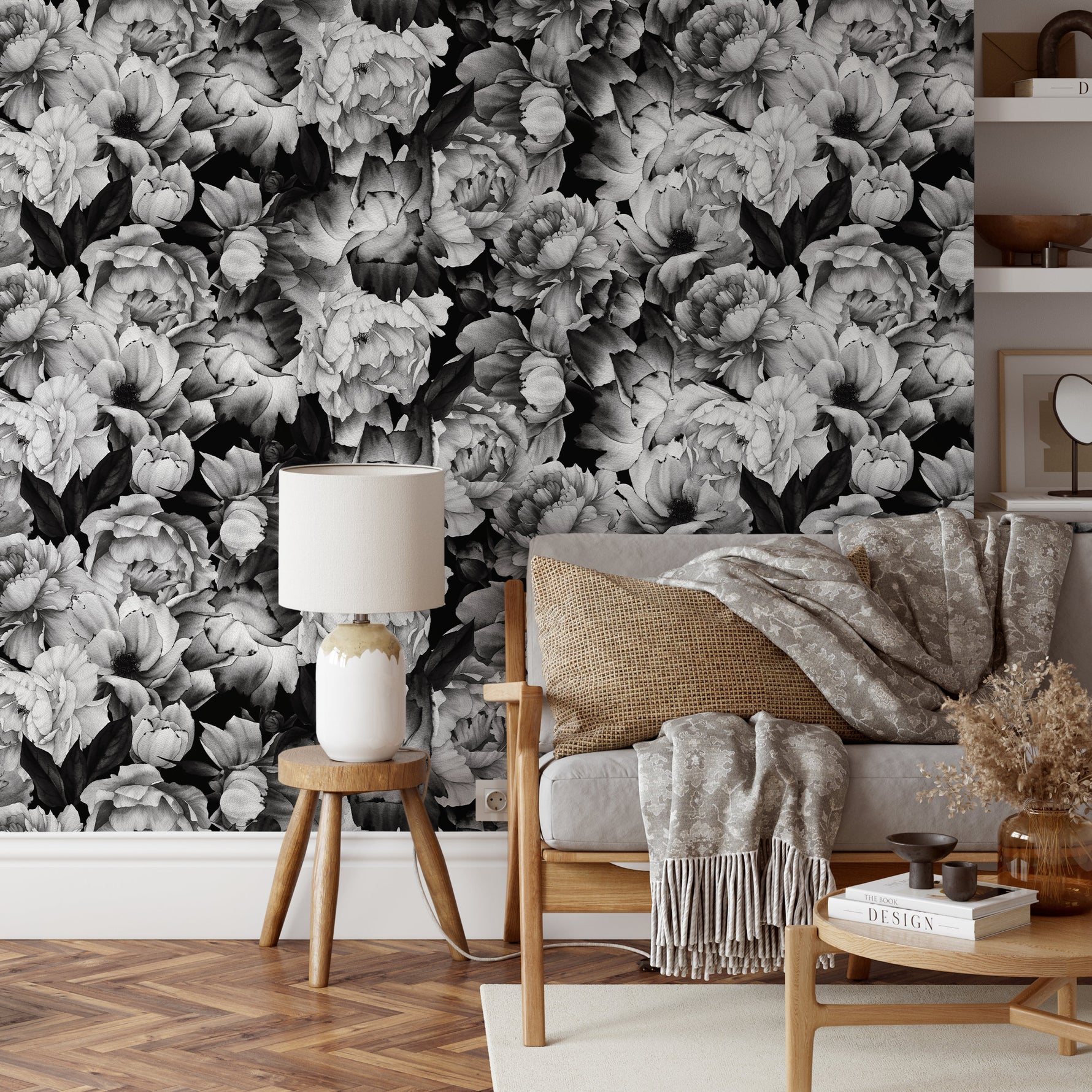 Wallpaper Peel and Stick Wallpaper Removable Wallpaper Home Decor Wall Art Wall Decor Room Decor / Black Vintage Floral Wallpaper - B045