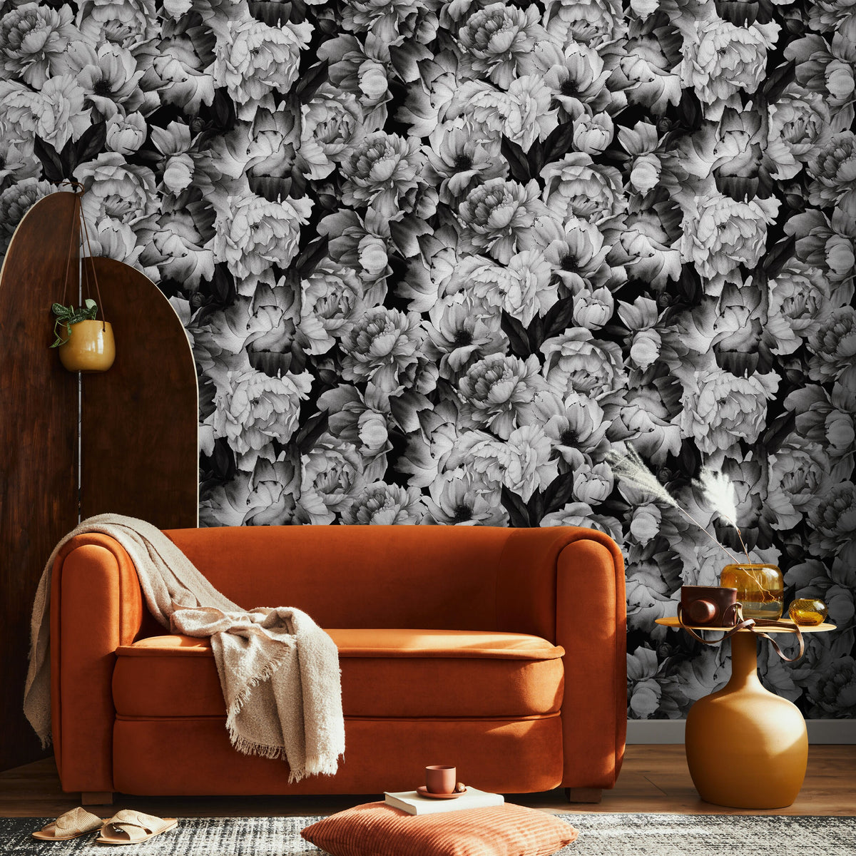 Wallpaper Peel and Stick Wallpaper Removable Wallpaper Home Decor Wall Art Wall Decor Room Decor / Black Vintage Floral Wallpaper - B045