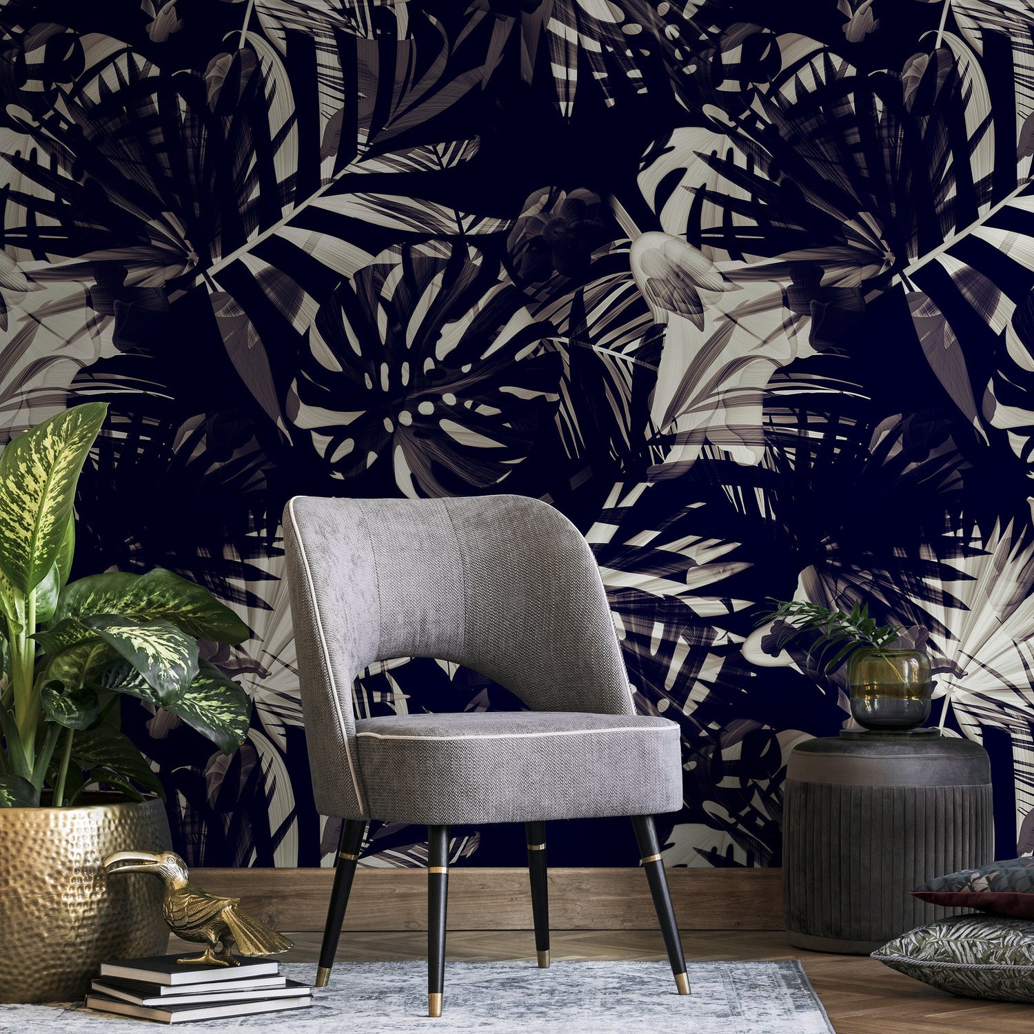 Wallpaper Peel and Stick Wallpaper Removable Wallpaper Home Decor Wall Decor Room Decor / Black and White Jungle Palm Wallpaper - A975