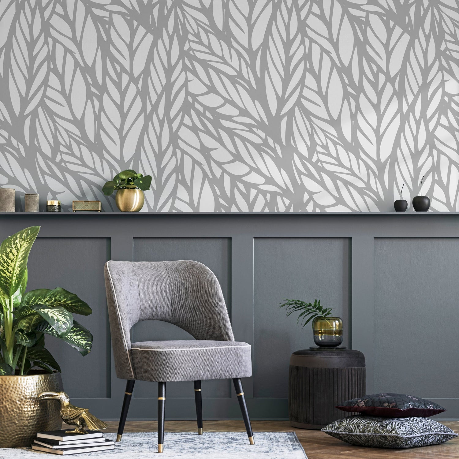 Wallpaper Peel and Stick Wallpaper Removable Wallpaper Home Decor Wall Art Wall Decor Room Decor / Gray Modern Leaves Wallpaper - A097