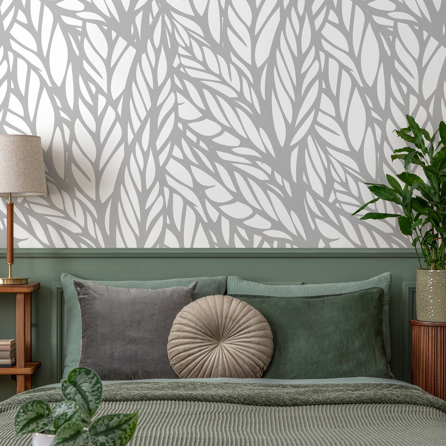 Wallpaper Peel and Stick Wallpaper Removable Wallpaper Home Decor Wall Art Wall Decor Room Decor / Gray Modern Leaves Wallpaper - A097