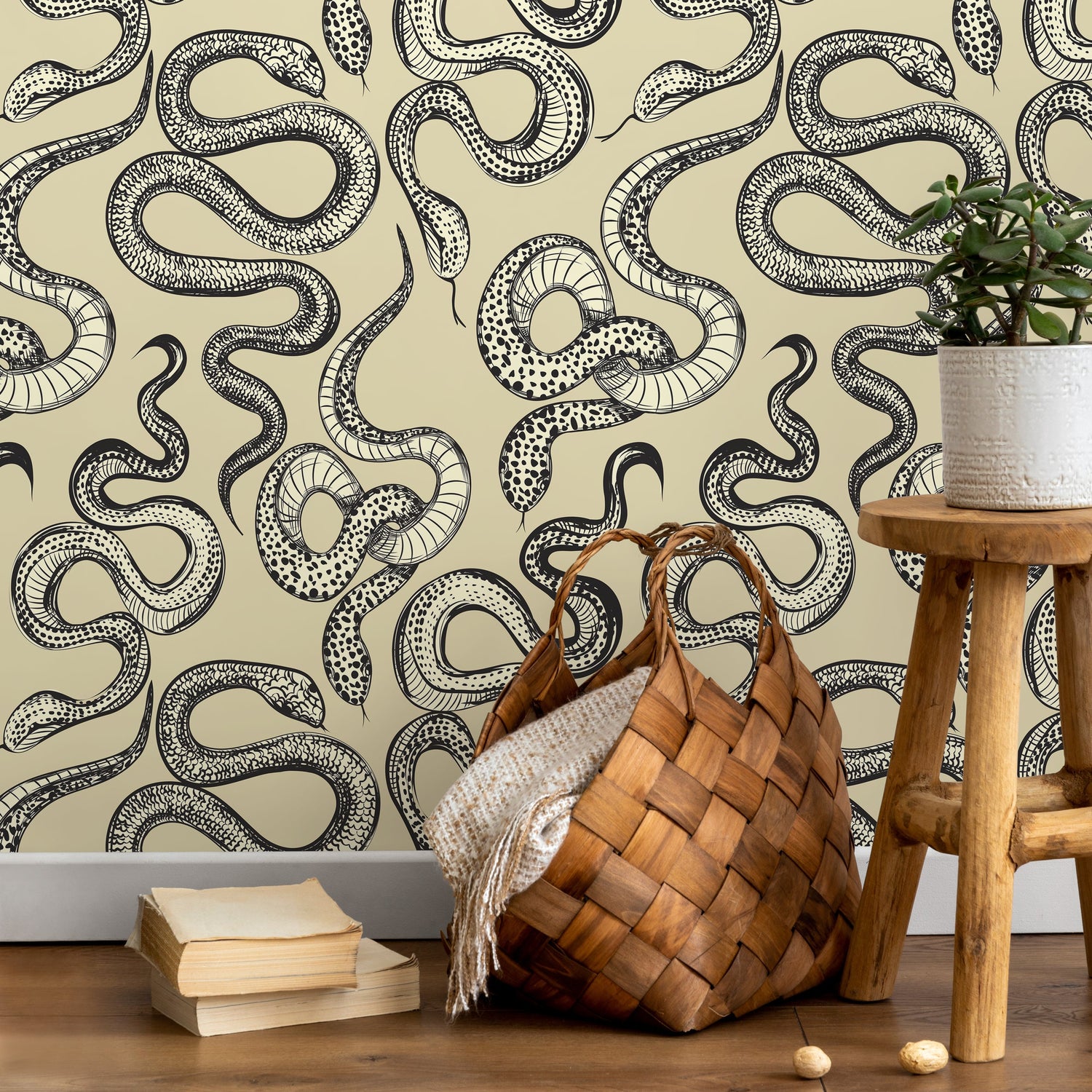 Yellow Snake Boho Wallpaper / Peel and Stick Wallpaper Removable Wallpaper Home Decor Wall Art Wall Decor Room Decor - C724