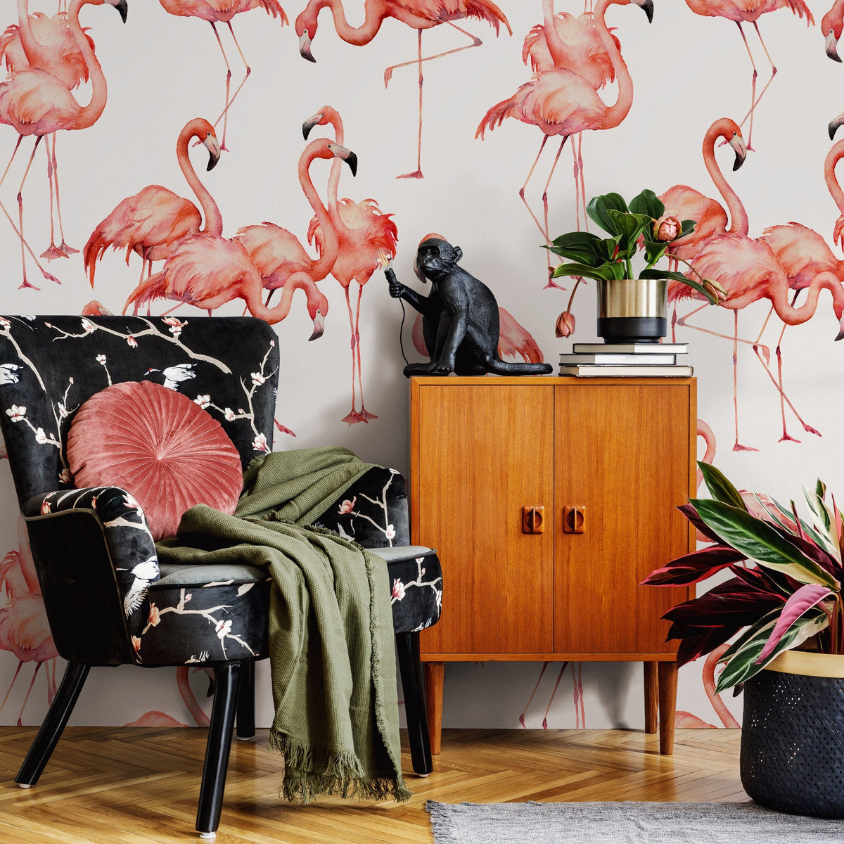 Watercolor Flamingos Wallpaper - Removable Wallpaper Peel and Stick Wallpaper Wall Paper Wall Mural - B323