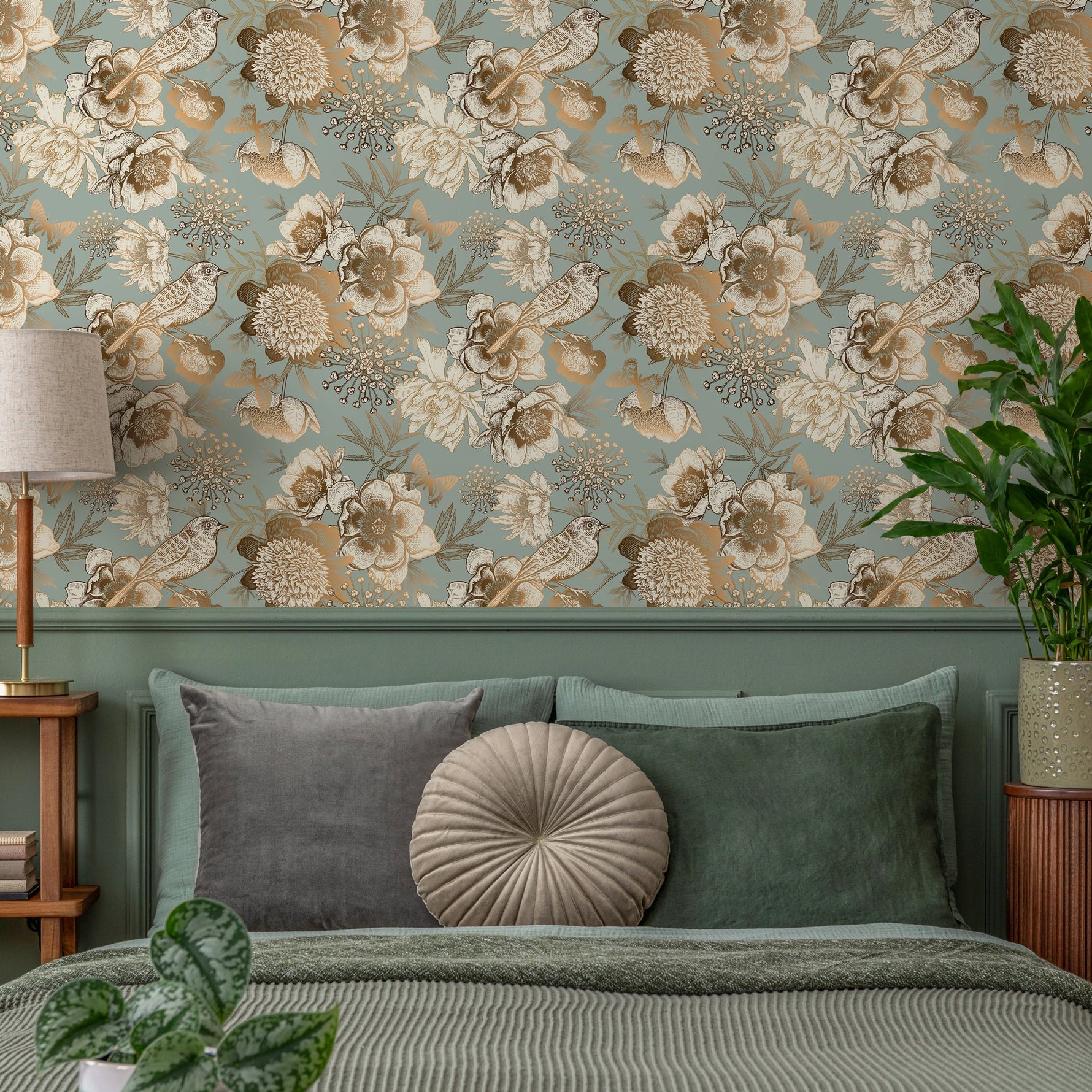 Removable Wallpaper Peel and Stick Wallpaper Wall Paper Wall Mural - Vintage Flower Mint and Non-Metalic Gold Color - A918