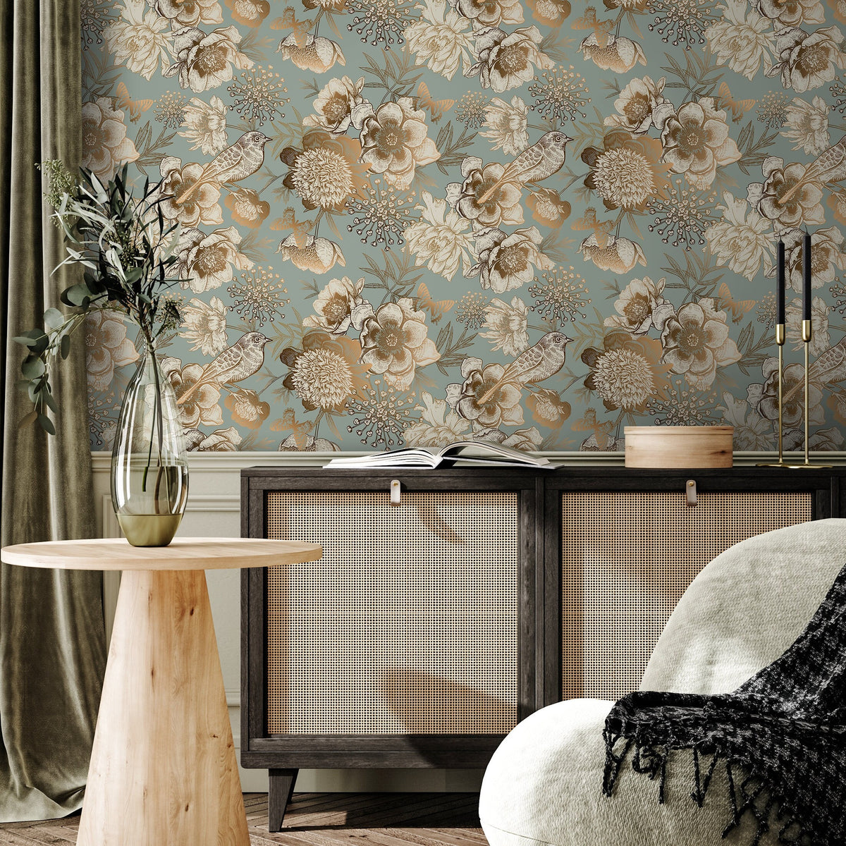 Removable Wallpaper Peel and Stick Wallpaper Wall Paper Wall Mural - Vintage Flower Mint and Non-Metalic Gold Color - A918