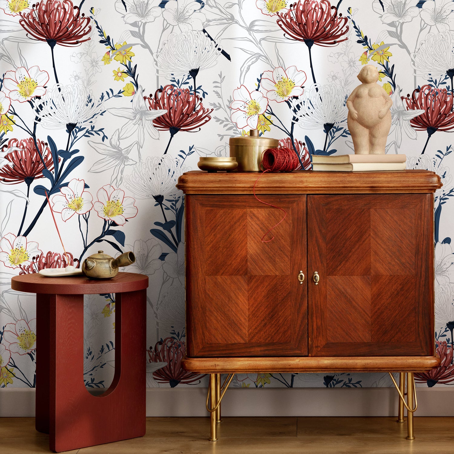 Outline Tropical Flowers Wallpaper - Removable Wallpaper Peel and Stick Wallpaper Wall Paper Wall Mural - B432