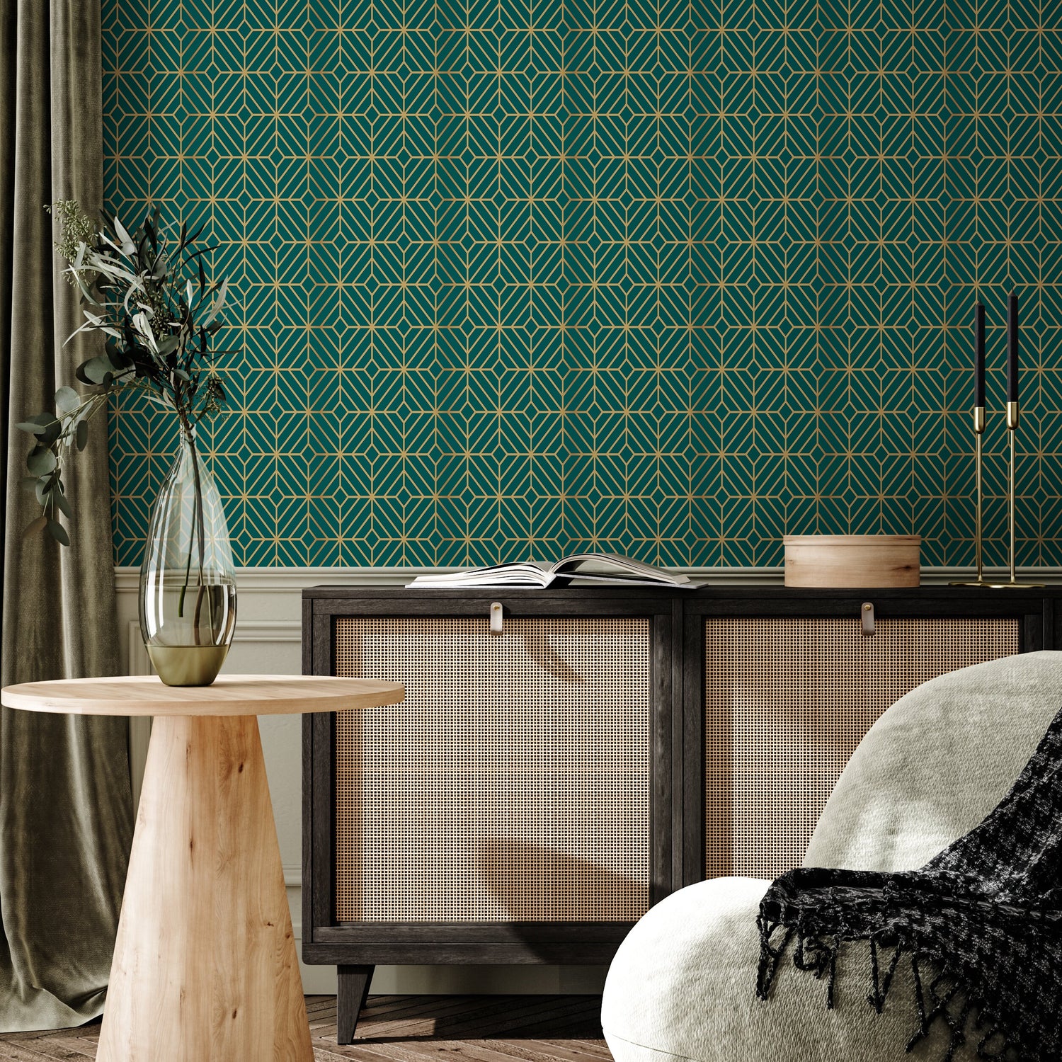 Removable Wallpaper Peel and Stick Wallpaper Wall Paper Wall Mural - Art Deco Green and Non-Metalic Yellow Color - B496