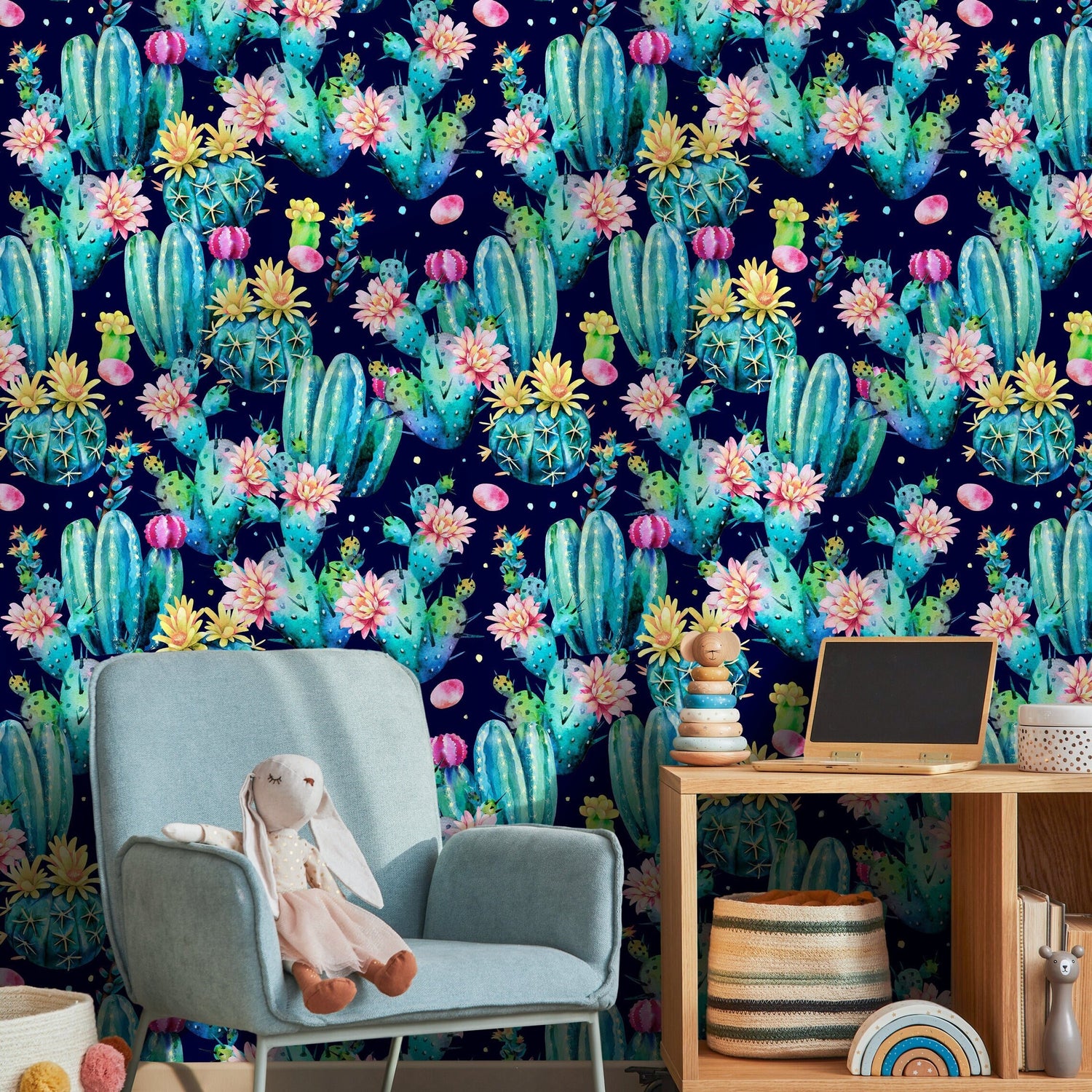 Floral Cactus Wallpaper Watercolor Wallpaper Peel and Stick and Traditional Wallpaper - B022