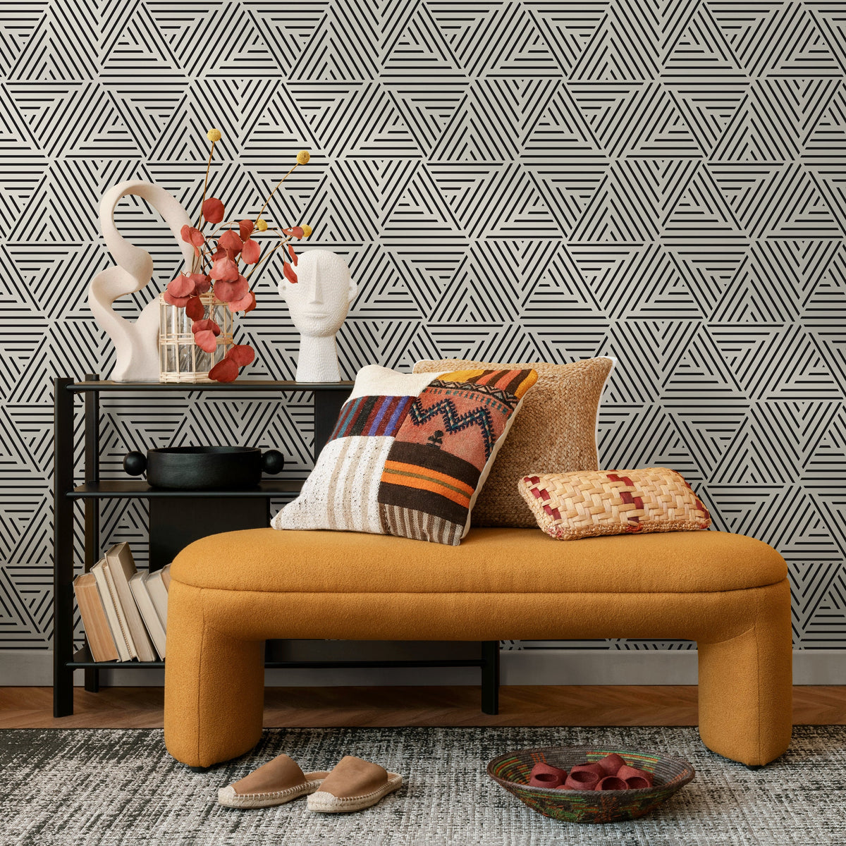 Black and White Geometric Wallpaper Modern Peel and Stick and Traditional Wallpaper - B077