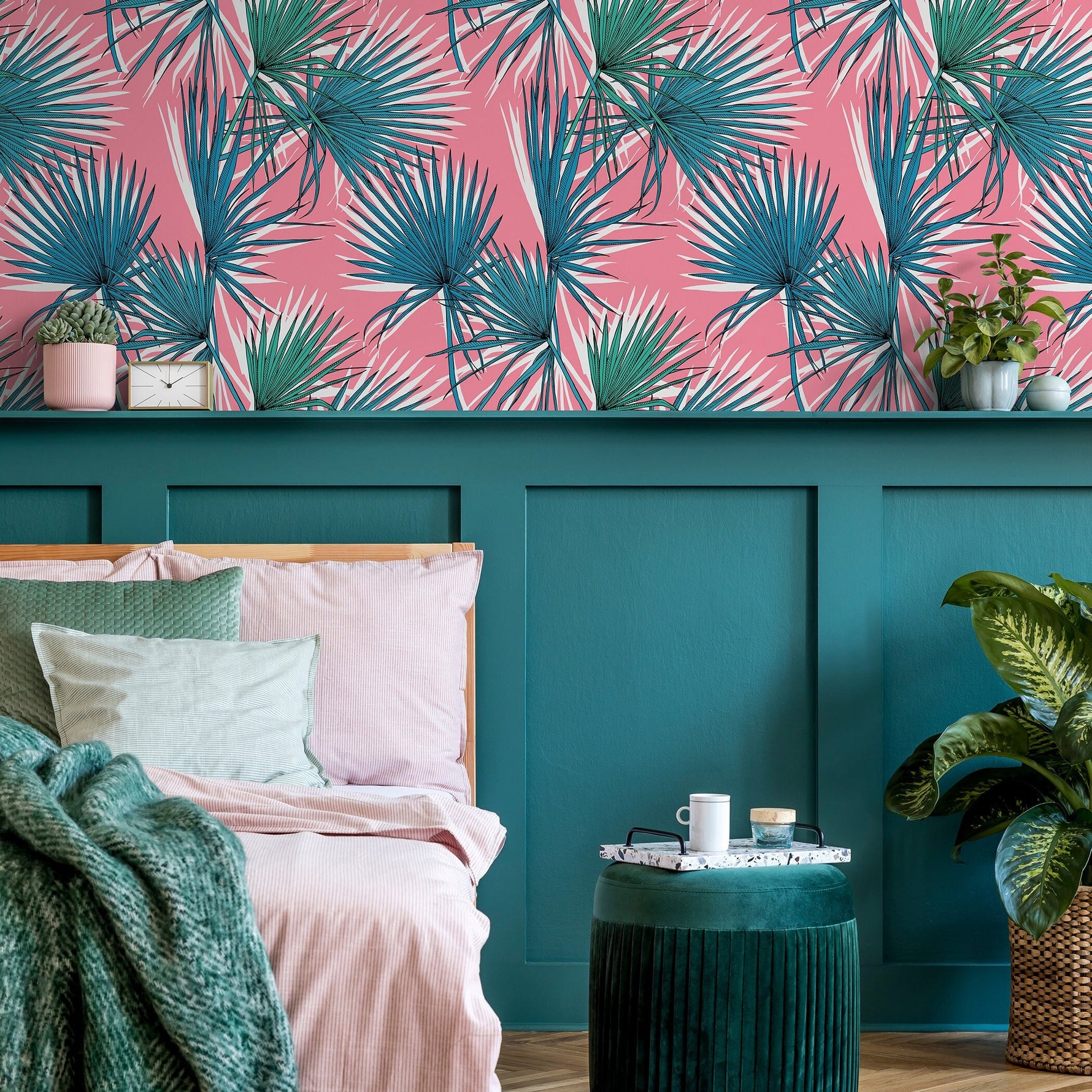 Wallpaper Peel and Stick Wallpaper Removable Wallpaper Home Decor Wall Art Wall Decor Room Decor / Pink Tropical Leaves Wallpaper - B251