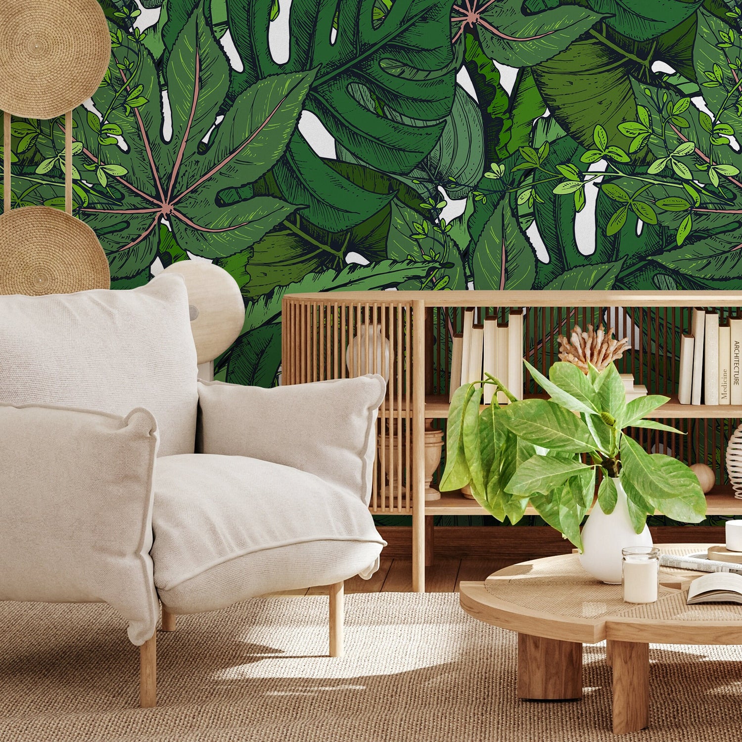 Wall Art Wallpaper Peel and Stick Wallpaper Removable Wallpaper Home Decor Wall Decor Room Decor / Green Leaves Wallpaper - B394