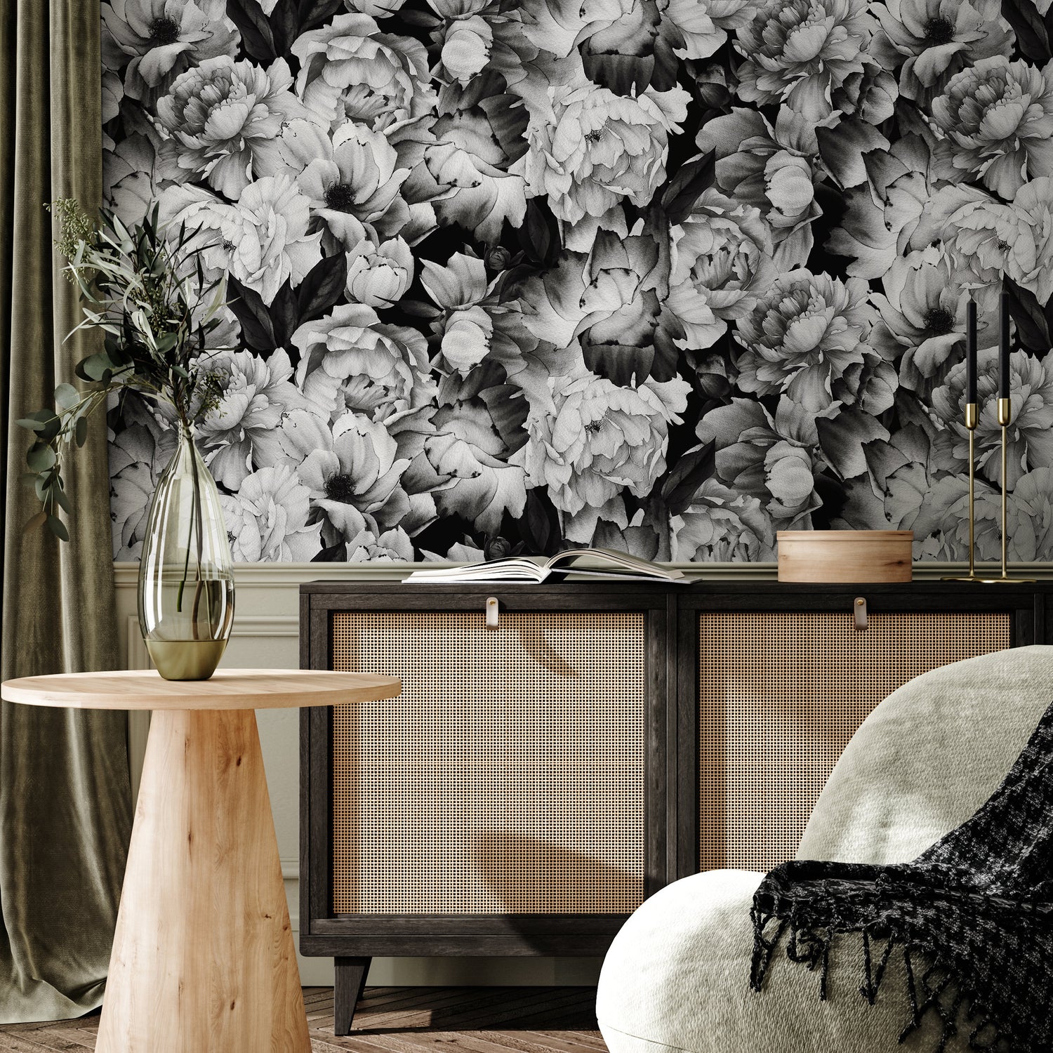 Wallpaper Peel and Stick Wallpaper Removable Wallpaper Home Decor Wall Art Wall Decor Room Decor / Black Vintage Floral Wallpaper - B045