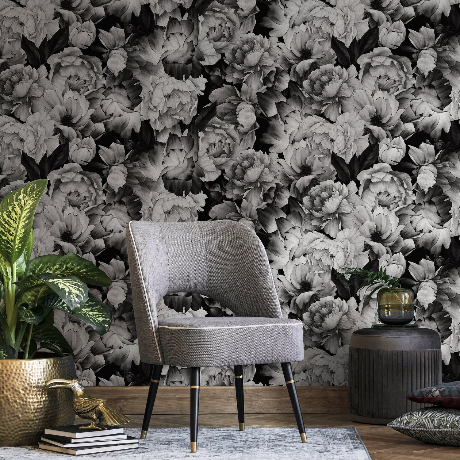 Wallpaper Peel and Stick Wallpaper Removable Wallpaper Home Decor Wall Art Wall Decor Room Decor / Black Vintage Floral Wallpaper - B045