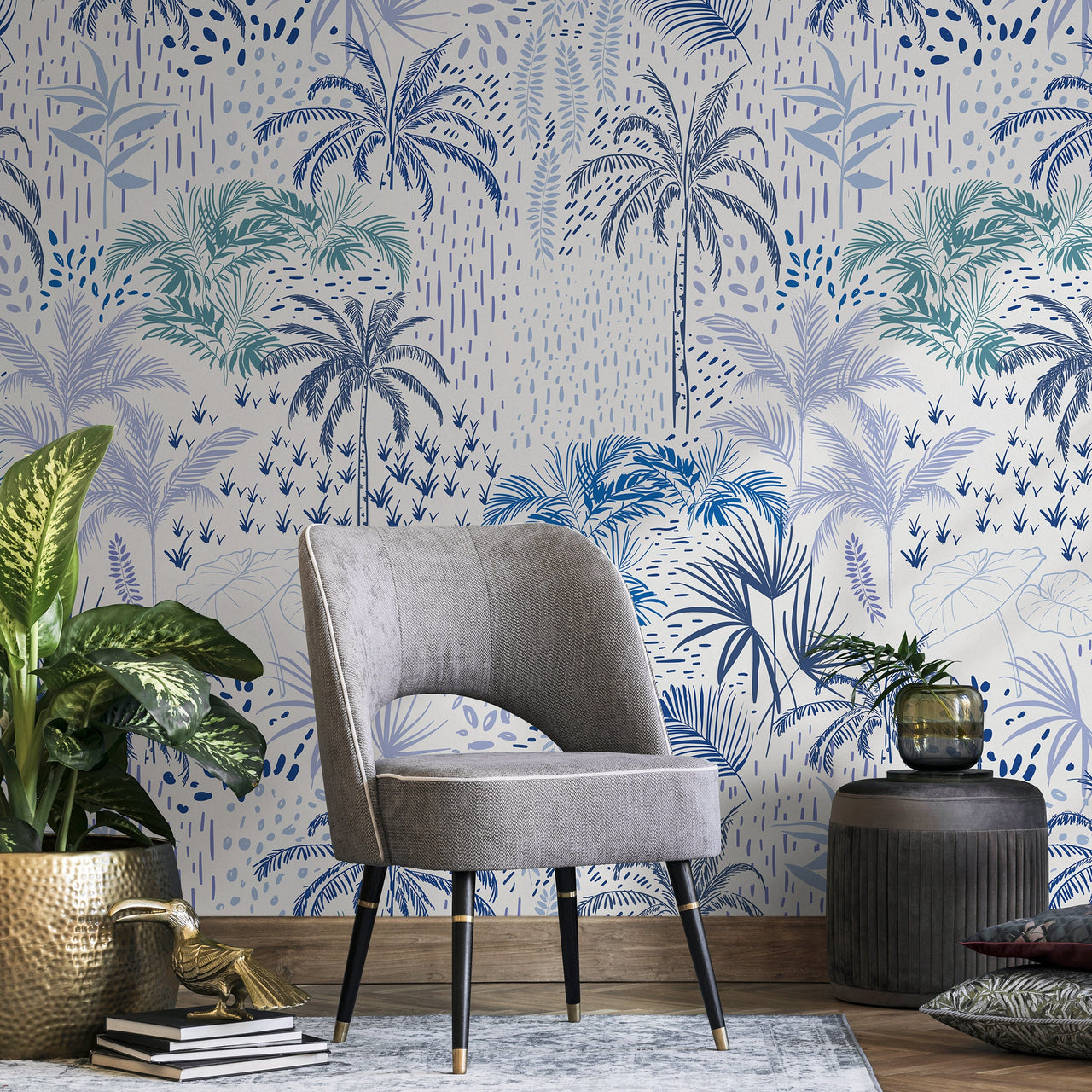 Wallpaper Peel and Stick Wallpaper Removable Wallpaper Home Decor Wall Art Wall Decor Room Decor / Blue Tropical Palm Tree Wallpaper - B089