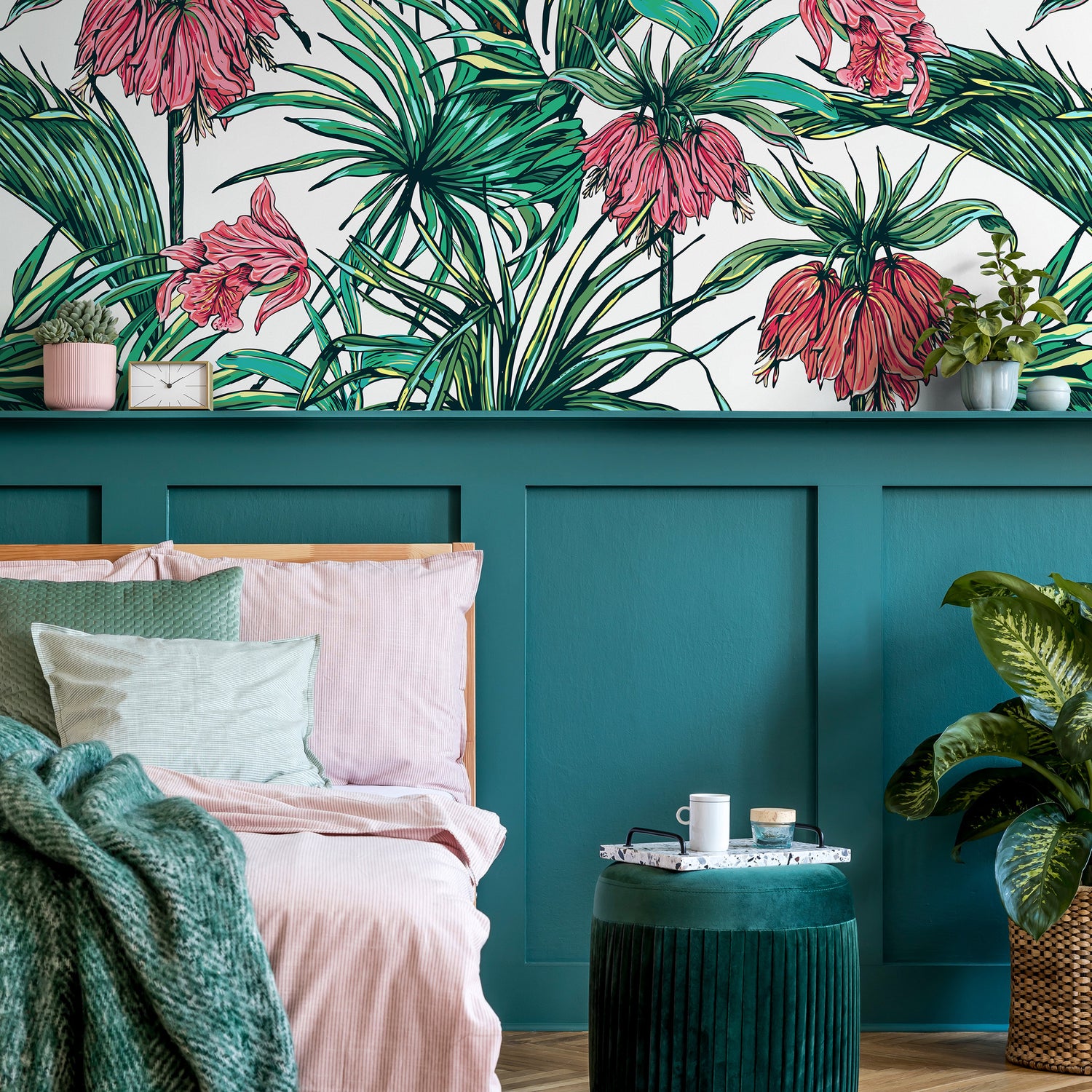 Wallpaper Peel and Stick Wallpaper Removable Wallpaper Home Decor Wall Art Wall Decor Room Decor/ Tropical Floral and Leaves Wallpaper -B114