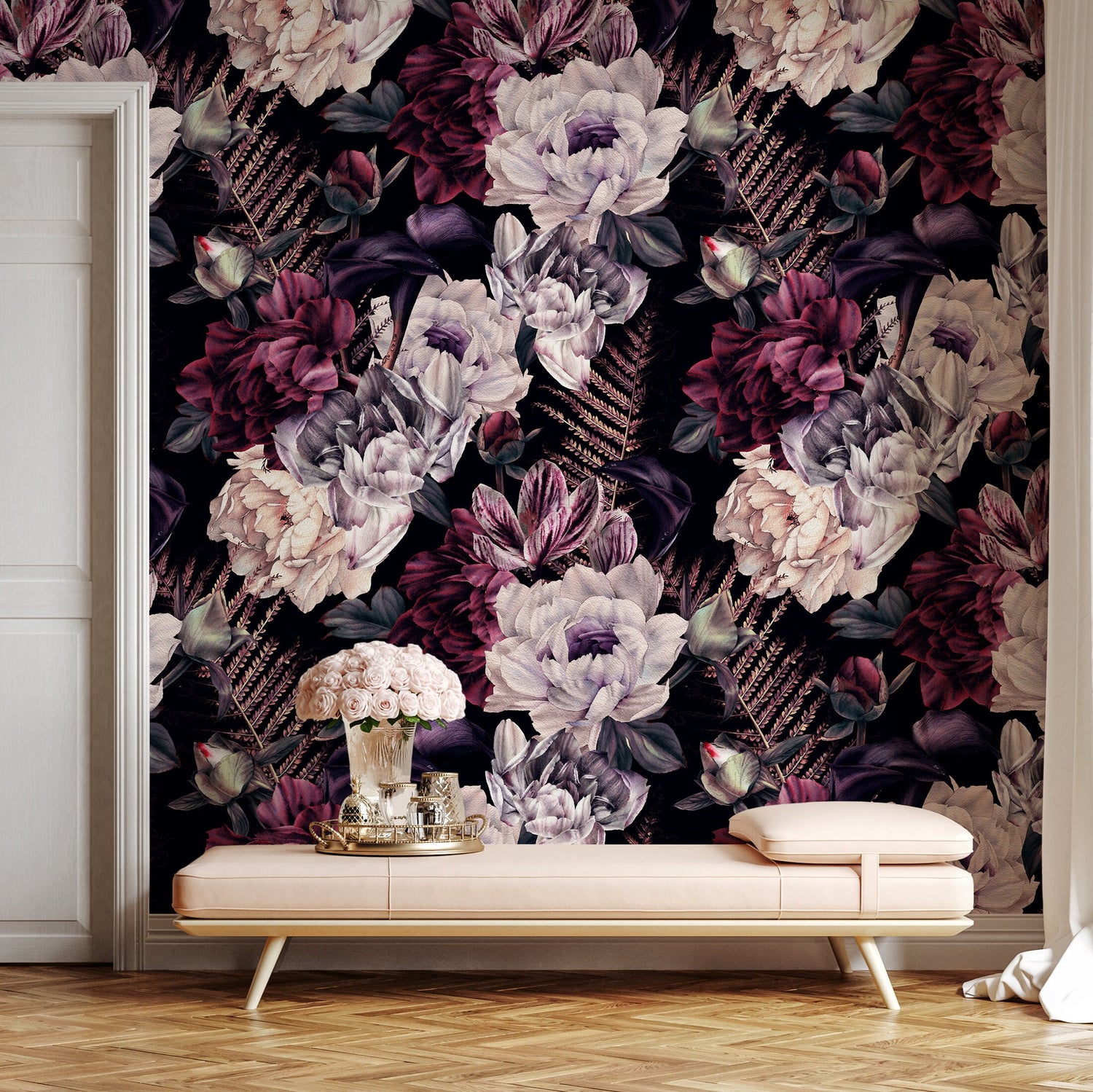 Removable Wallpaper Scandinavian Wallpaper Temporary Wallpaper Dark Floral Wallpaper Peel and Stick Wallpaper Wall Paper - A850