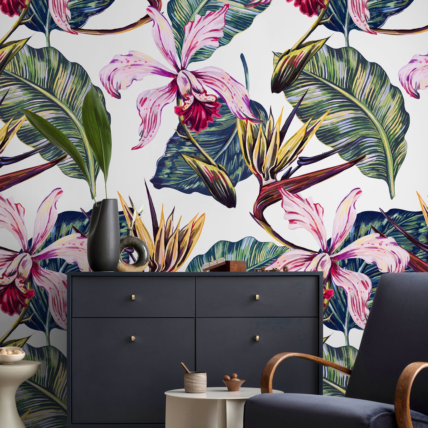 Removable Wallpaper Peel and Stick Wallpaper Wall Paper Wall Mural - Banana Leaf Wallpaper Orchid Wallpaper - A584