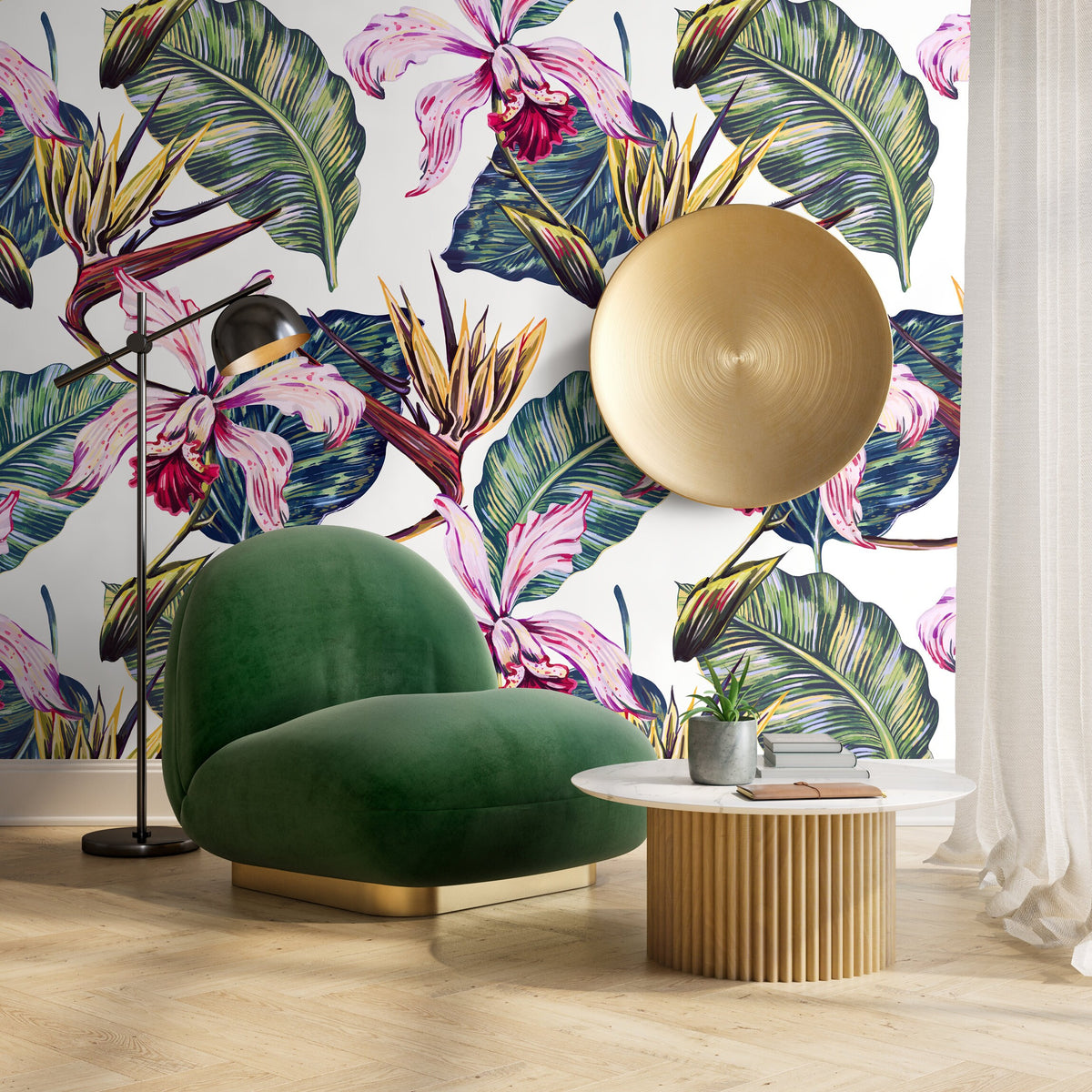 Removable Wallpaper Peel and Stick Wallpaper Wall Paper Wall Mural - Banana Leaf Wallpaper Orchid Wallpaper - A584